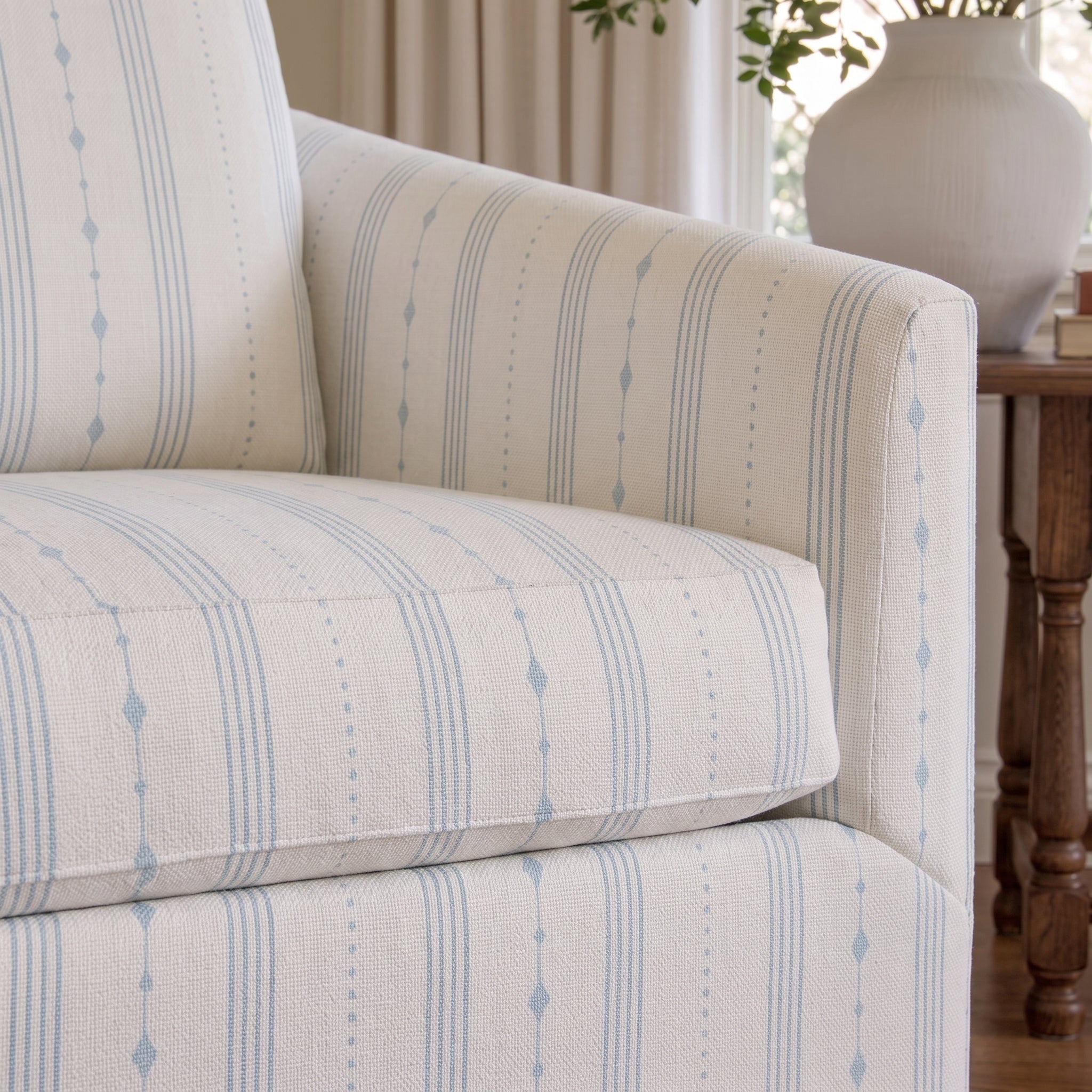 The Grace Chair in Pearl's Haven Spring Blue Stripes - Lemon Park