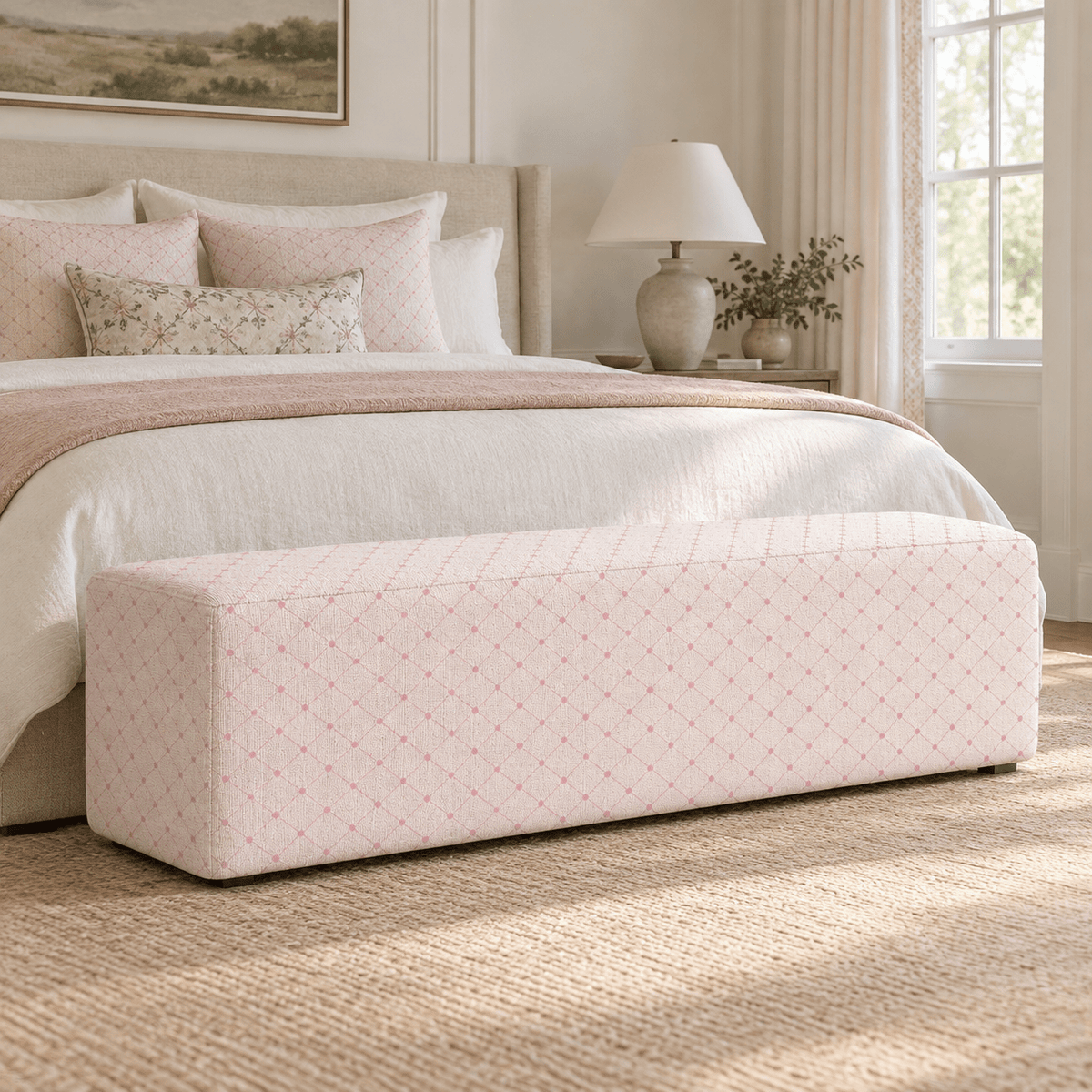 The Josephine Ottoman in Bellagio Blush Linen Lattice - Lemon Park
