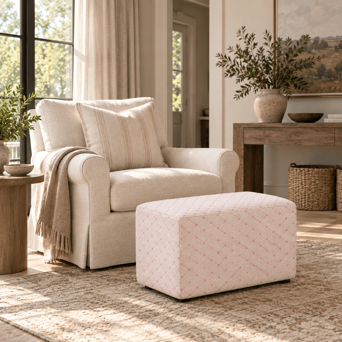 The Josephine Ottoman in Bellagio Blush Linen Lattice - Lemon Park
