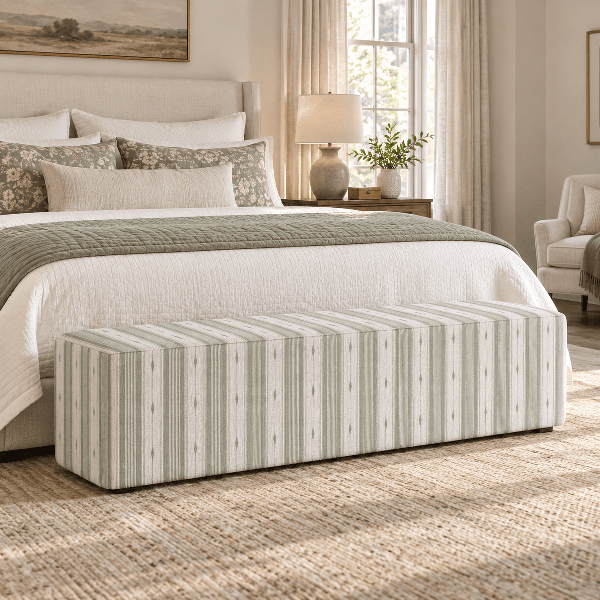 The Josephine Ottoman in Blue Dresses Lemongrass Stripes - Lemon Park
