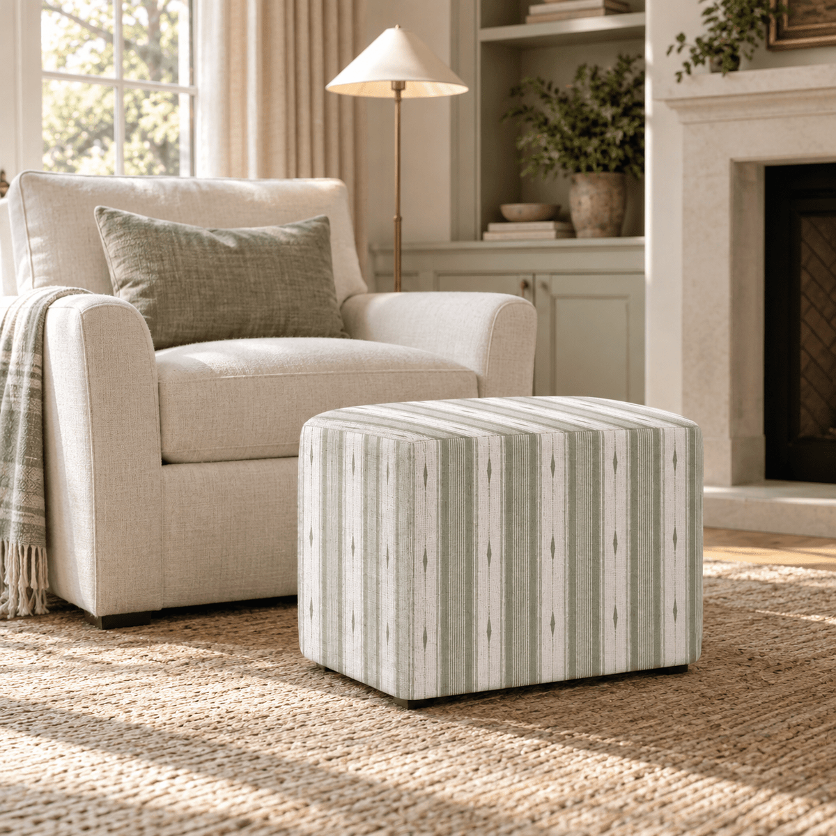 The Josephine Ottoman in Blue Dresses Lemongrass Stripes - Lemon Park