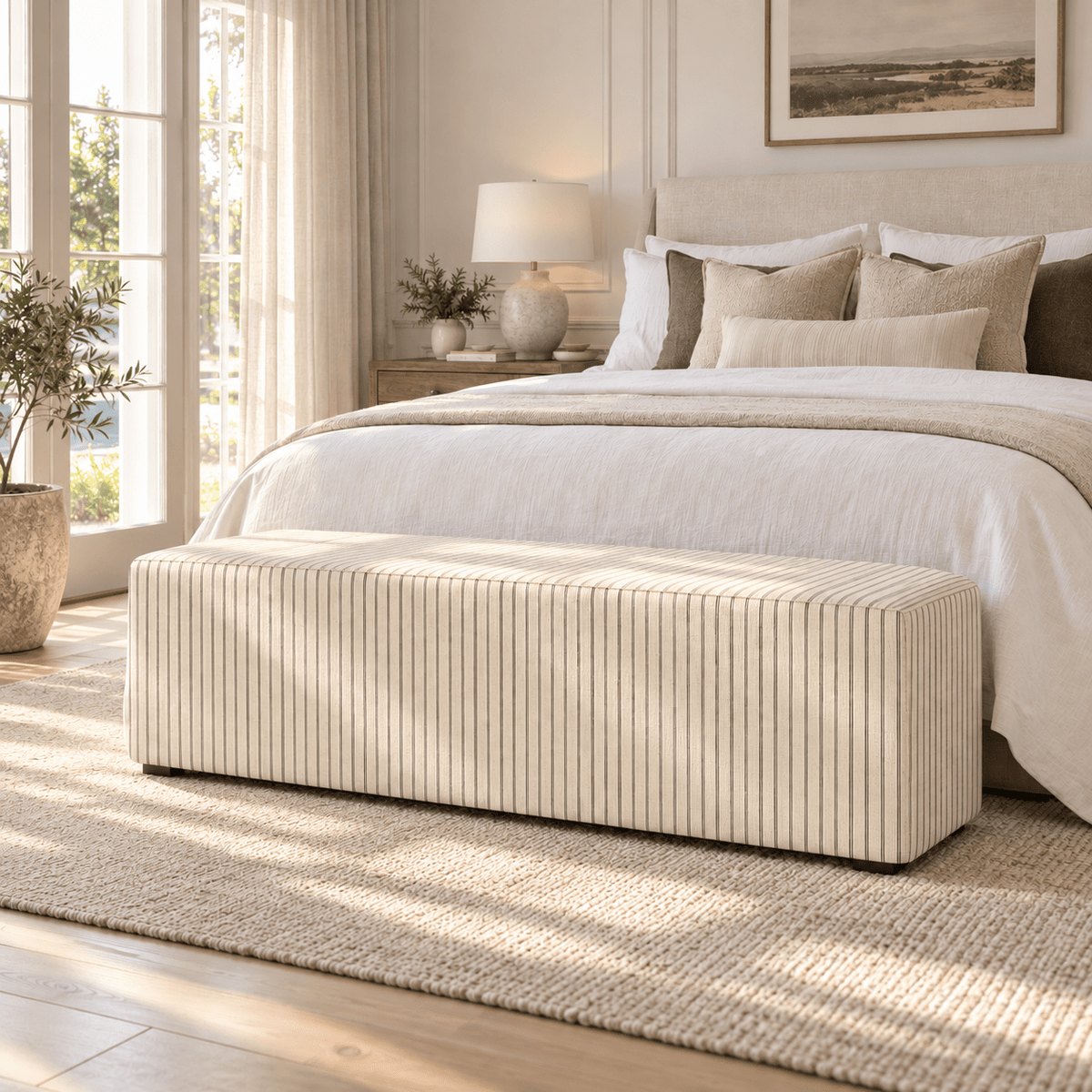 The Josephine Ottoman in Jude Pinstripe - Lemon Park