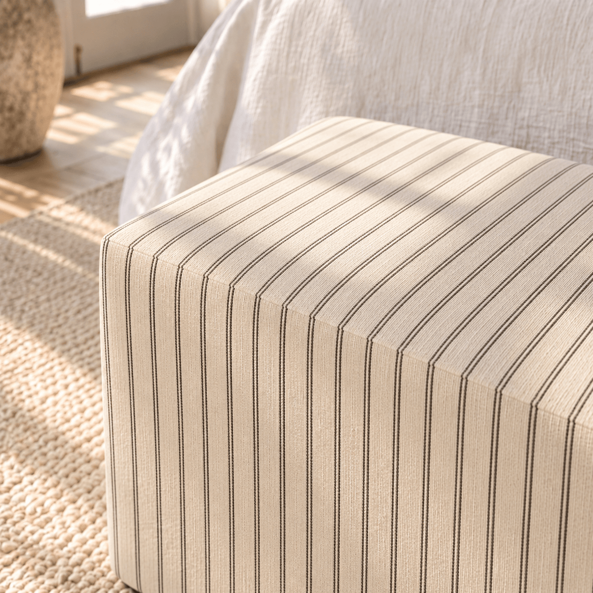 The Josephine Ottoman in Jude Pinstripe - Lemon Park