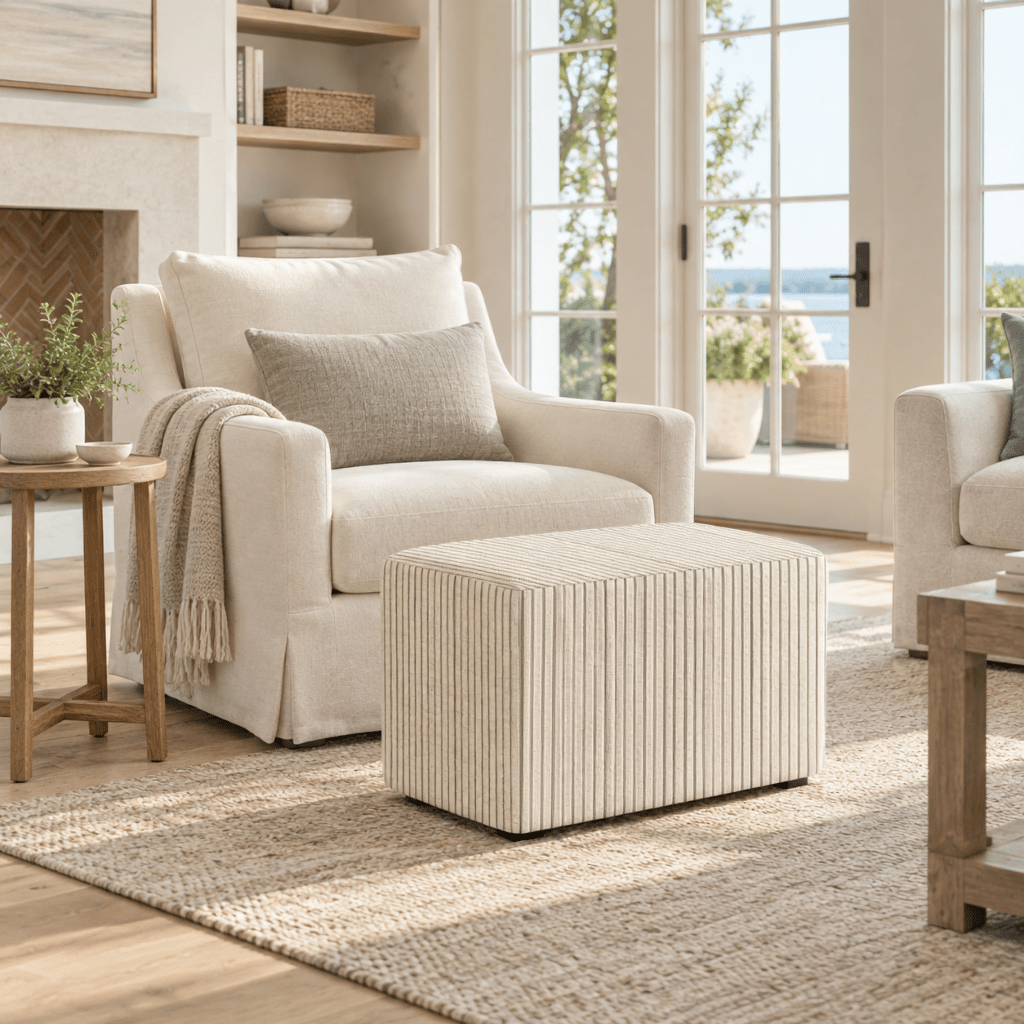 The Josephine Ottoman in Jude Pinstripe - Lemon Park