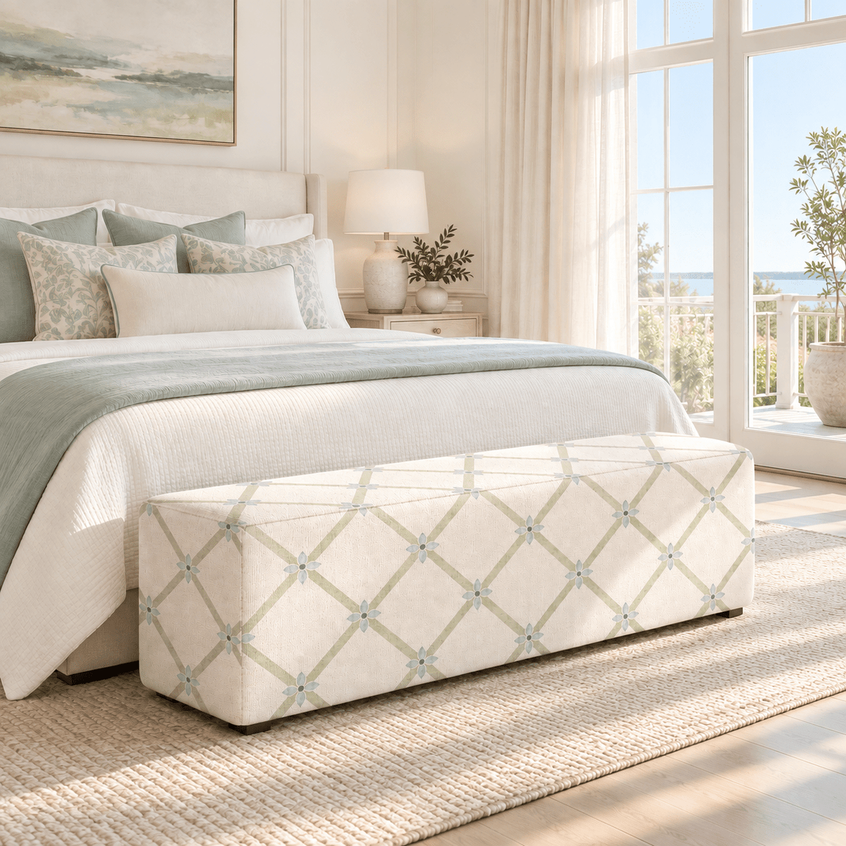 The Josephine Ottoman in Mint To Be Floral Lattice - Lemon Park