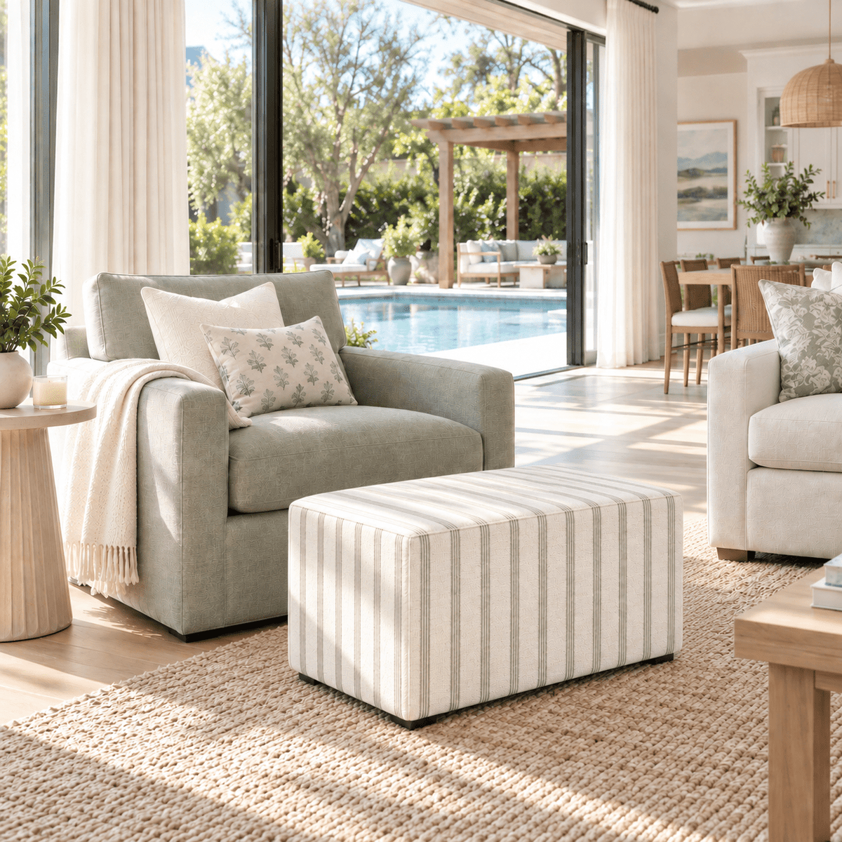 The Josephine Ottoman in Orange County Olive Stripes - Lemon Park