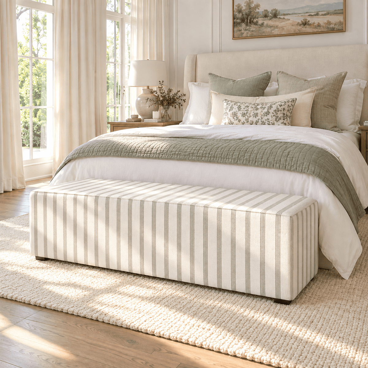 The Josephine Ottoman in Orange County Olive Stripes - Lemon Park