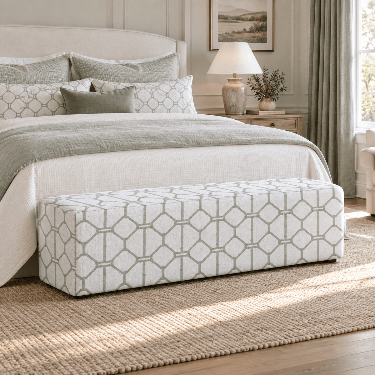 The Josephine Ottoman in Palm Promenade Cool Mint Bamboo Trellis - Lemon Park