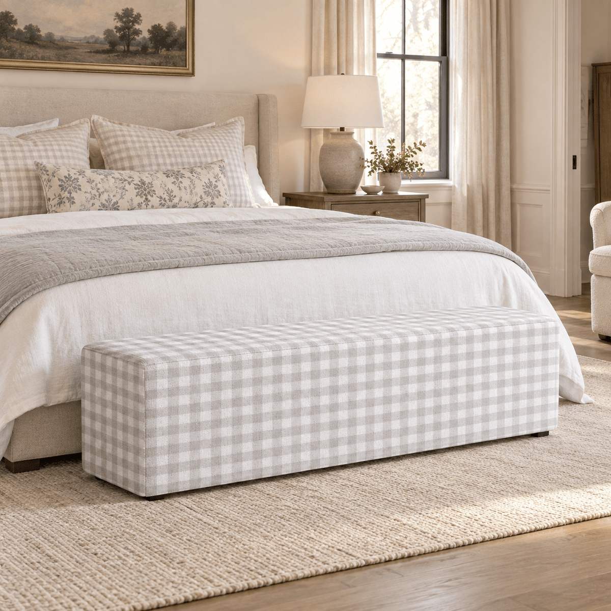 The Josephine Ottoman in Pearl's Haven Fog Gingham - Lemon Park