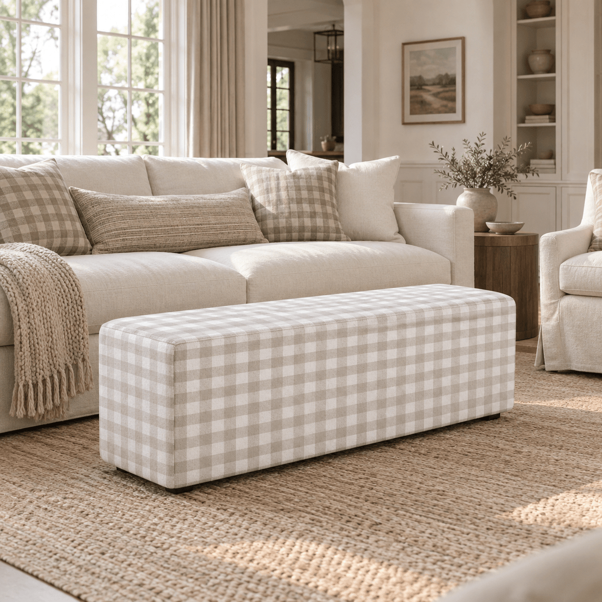The Josephine Ottoman in Pearl's Haven Fog Gingham - Lemon Park
