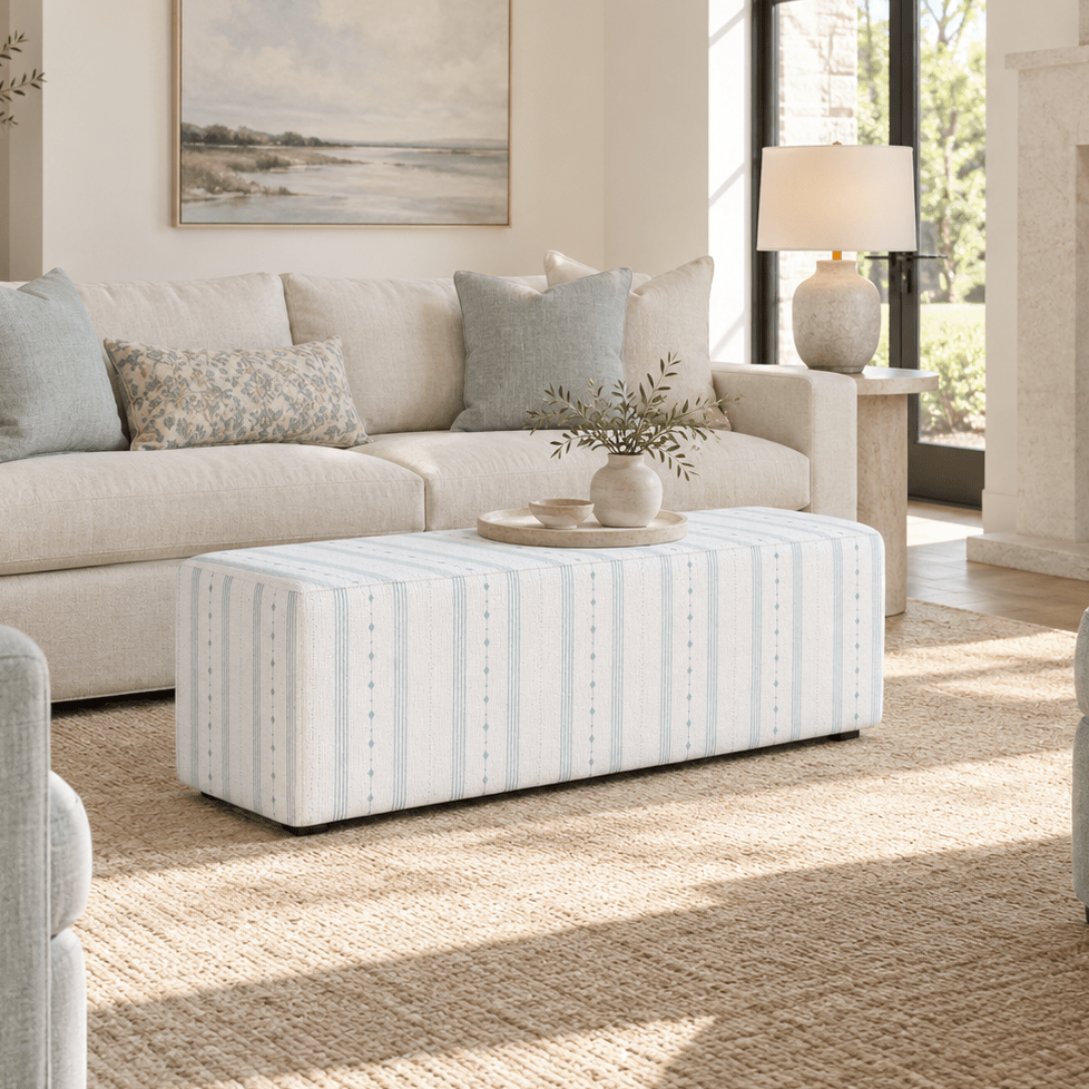 The Josephine Ottoman in Pearl's Haven Spring Blue Stripes - Lemon Park