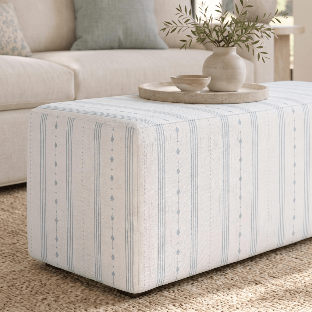 The Josephine Ottoman in Pearl's Haven Spring Blue Stripes - Lemon Park