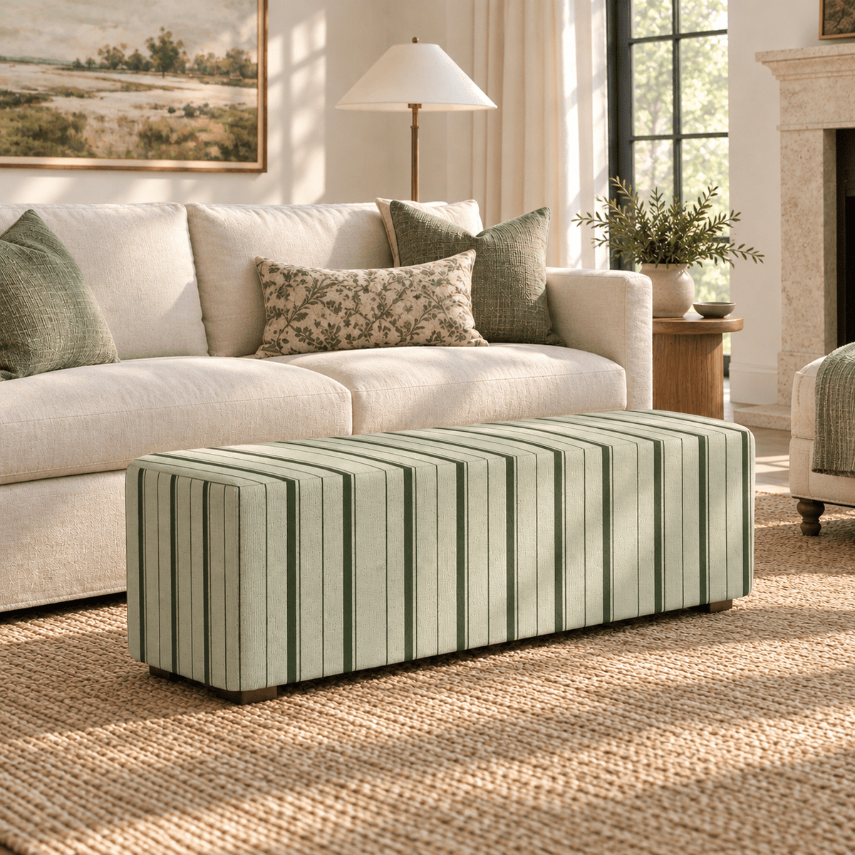 The Josephine Ottoman in The Silk Garden Sage Stripes - Lemon Park