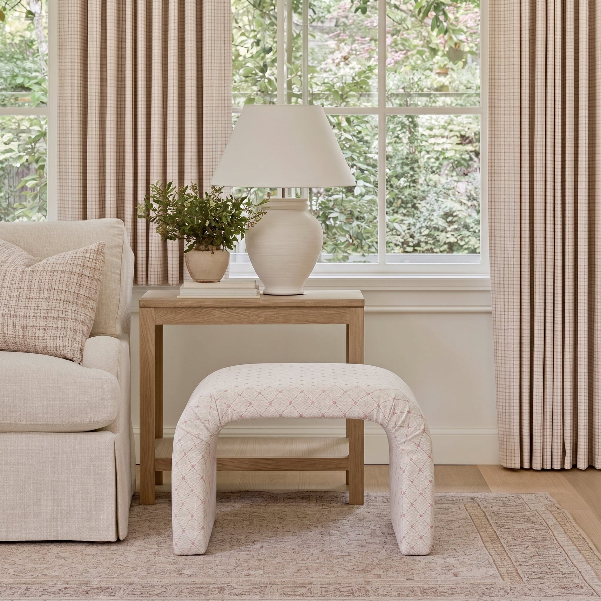 The Lewis Ottoman in Bellagio Blush Linen Lattice - Lemon Park