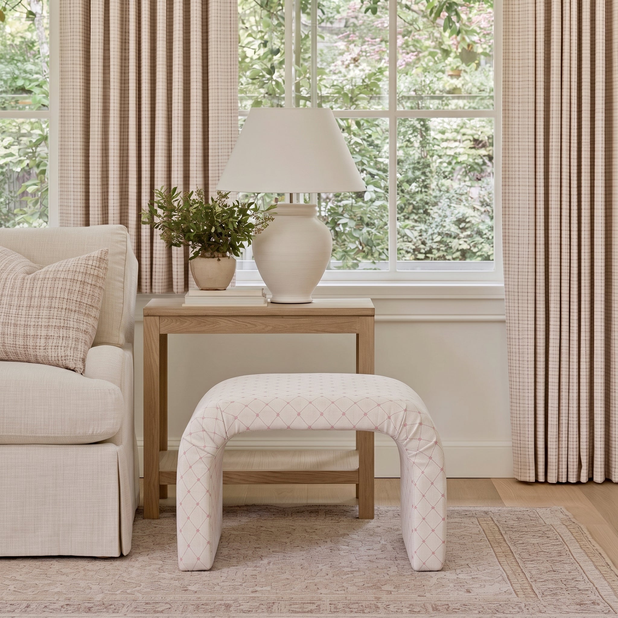 The Lewis Ottoman in Bellagio Blush Linen Lattice - Lemon Park