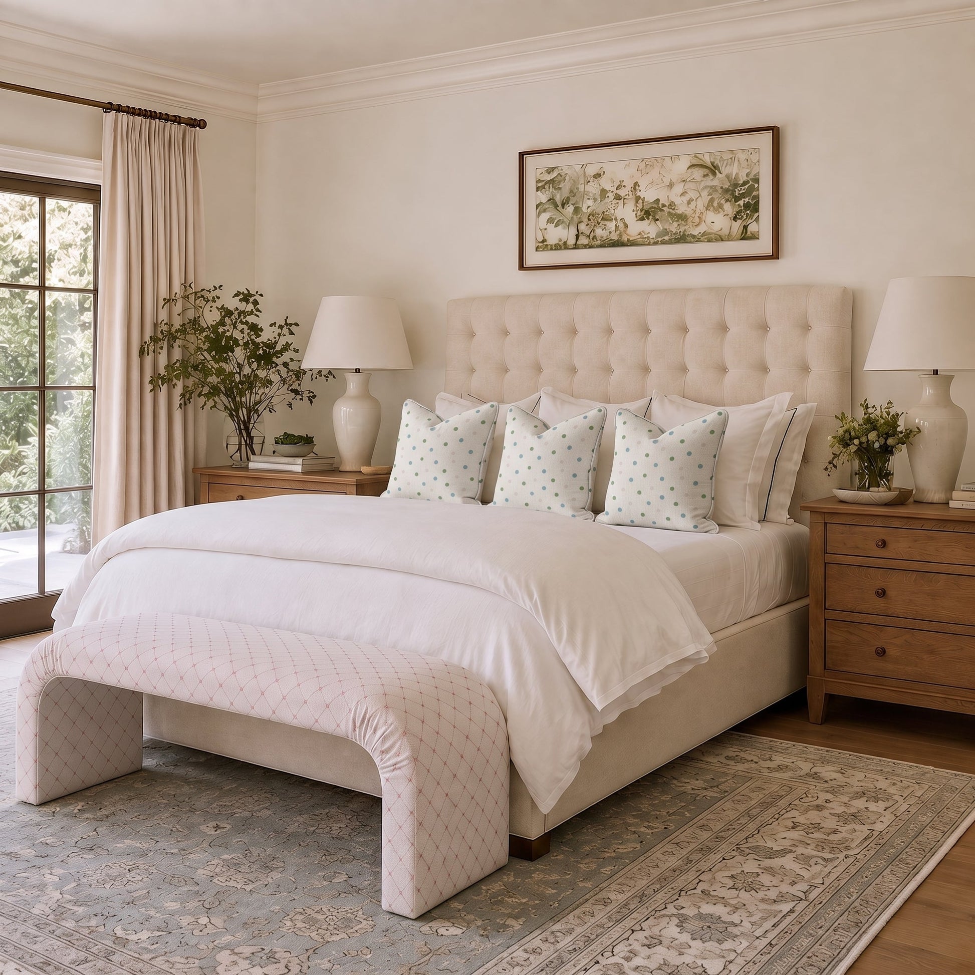 The Lewis Ottoman in Bellagio Blush Linen Lattice - Lemon Park