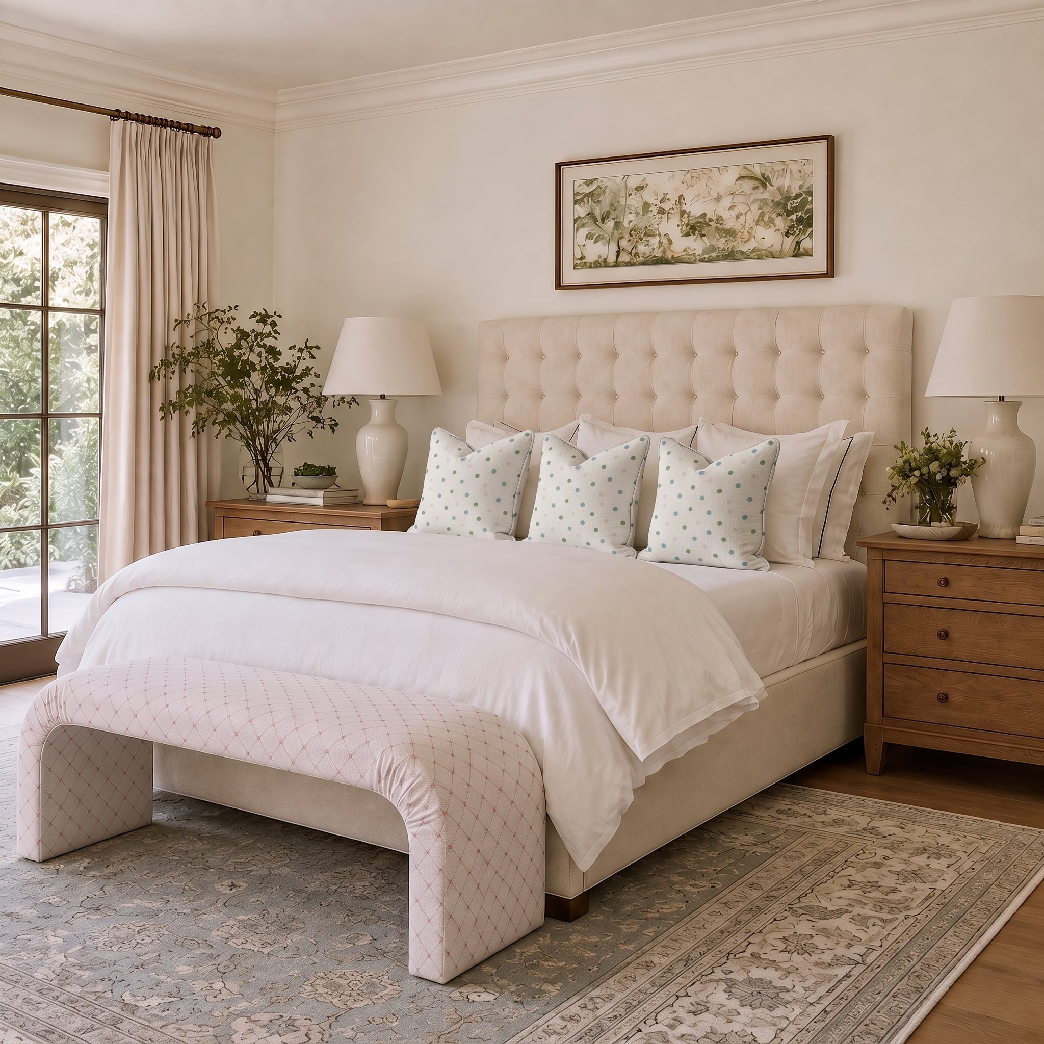 The Lewis Ottoman in Bellagio Blush Linen Lattice - Lemon Park