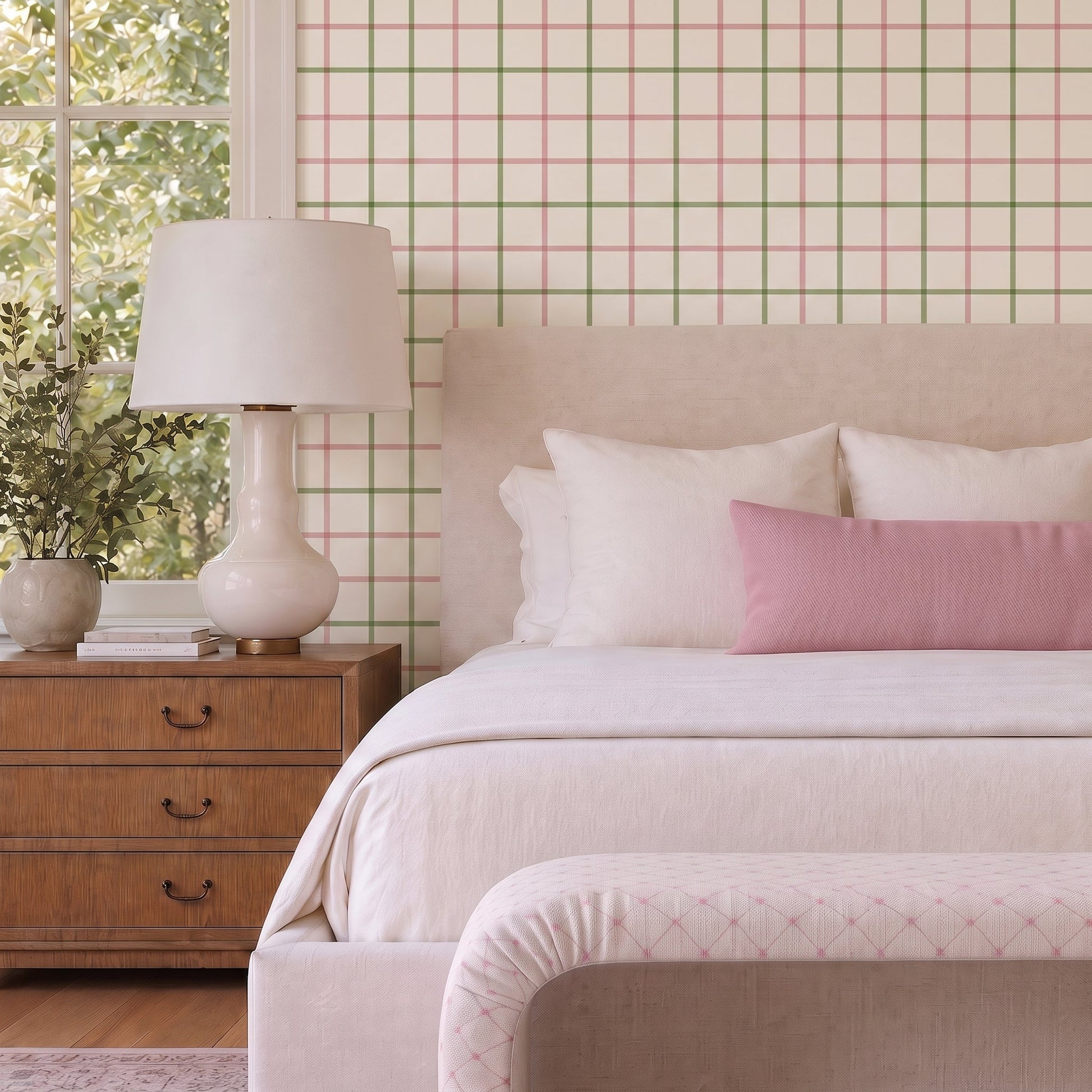 The Lewis Ottoman in Bellagio Blush Linen Lattice - Lemon Park