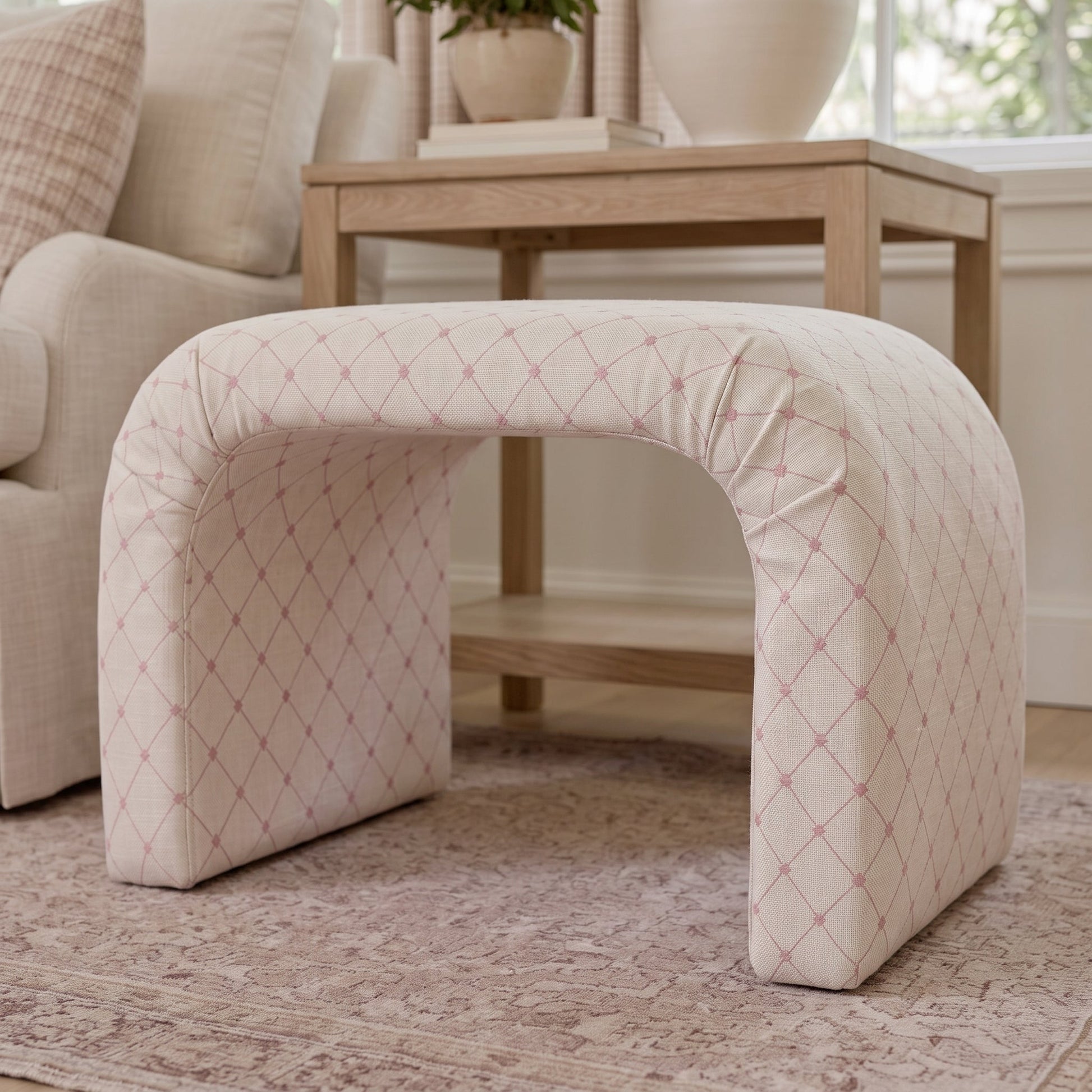 The Lewis Ottoman in Bellagio Blush Linen Lattice - Lemon Park