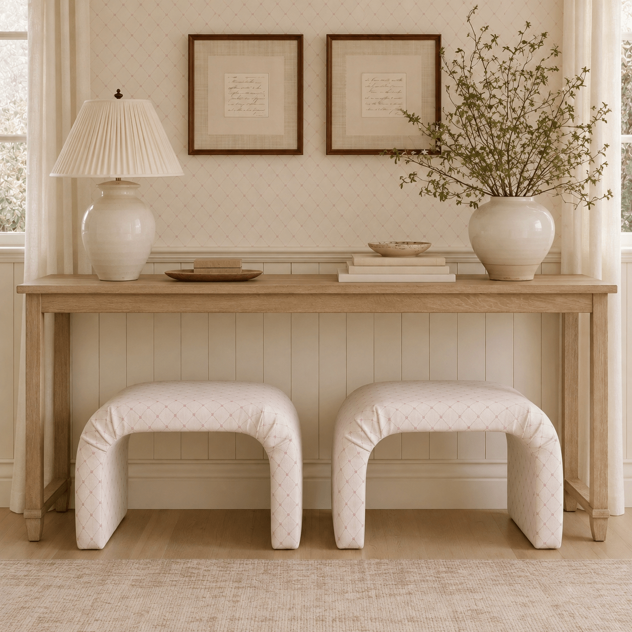 The Lewis Ottoman in Bellagio Blush Linen Lattice - Lemon Park