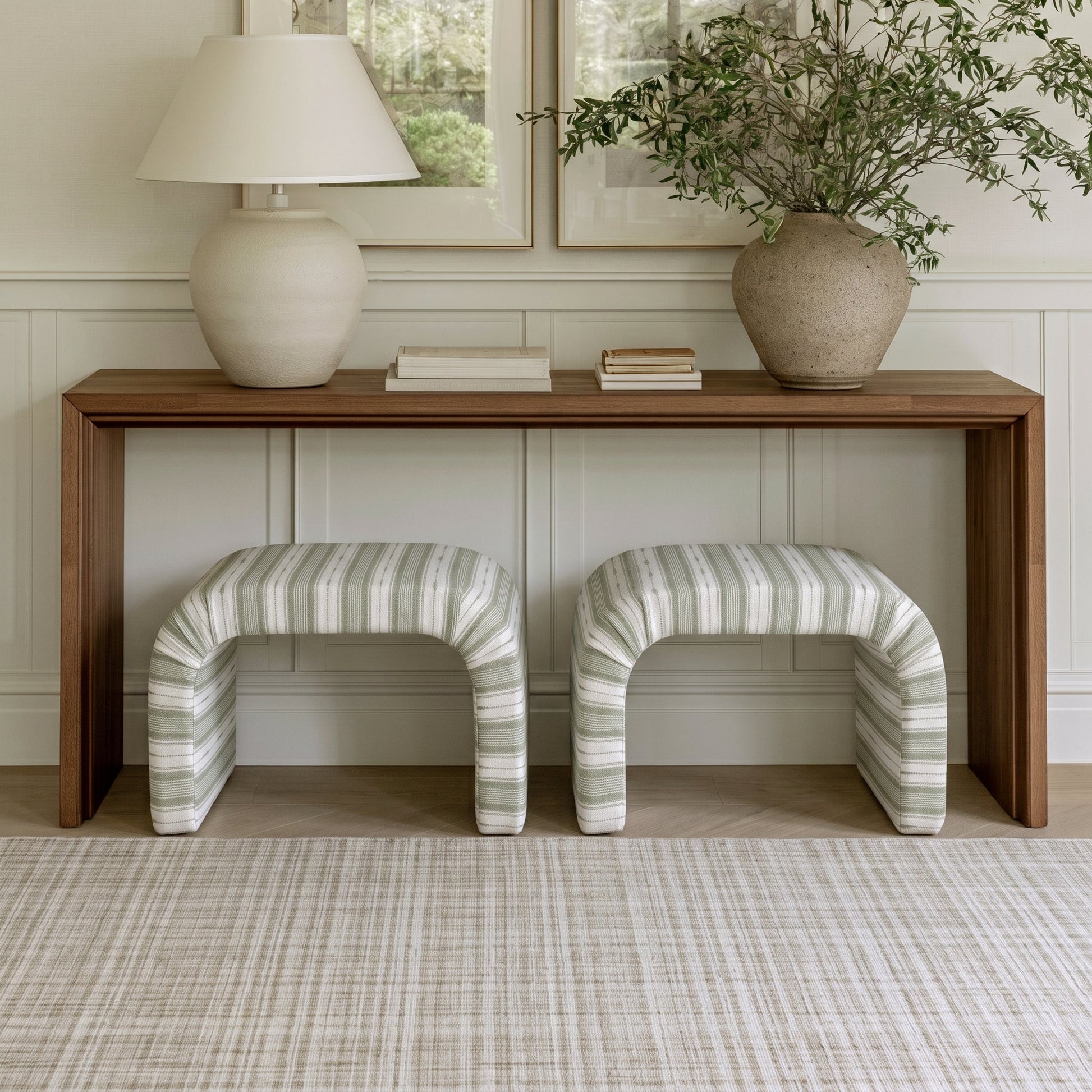 The Lewis Ottoman in Blue Dresses Lemongrass Stripes - Lemon Park