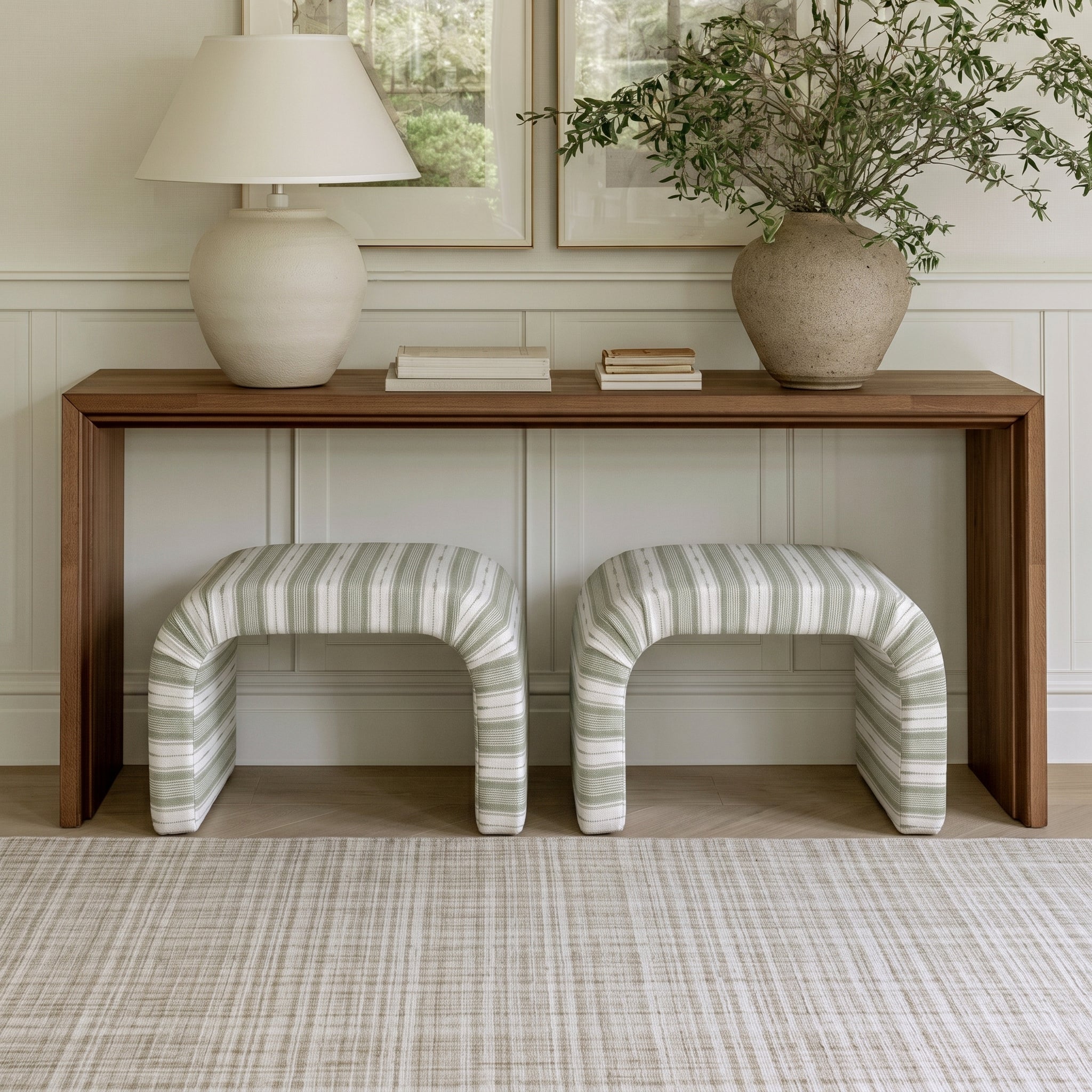 The Lewis Ottoman in Blue Dresses Lemongrass Stripes - Lemon Park