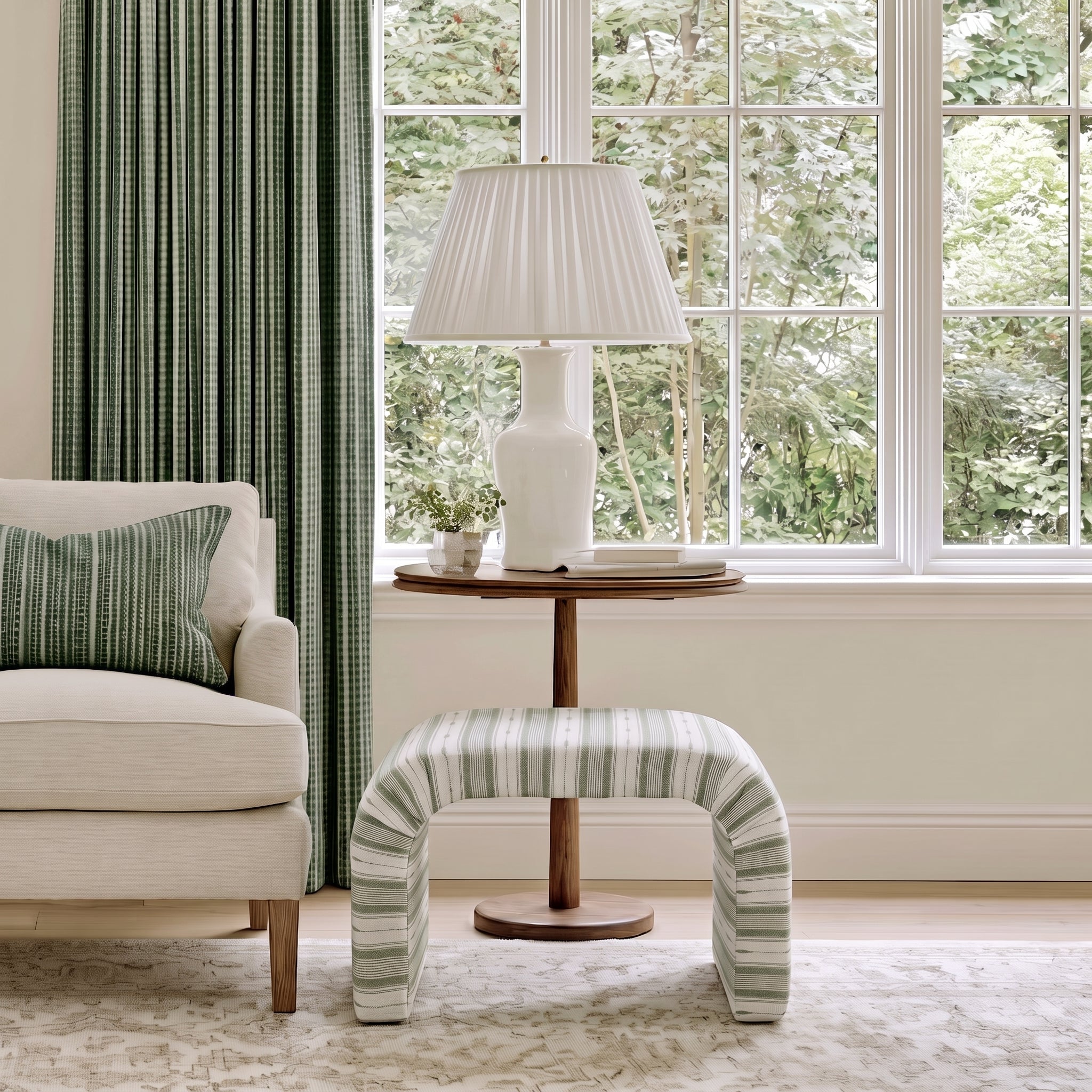 The Lewis Ottoman in Blue Dresses Lemongrass Stripes - Lemon Park