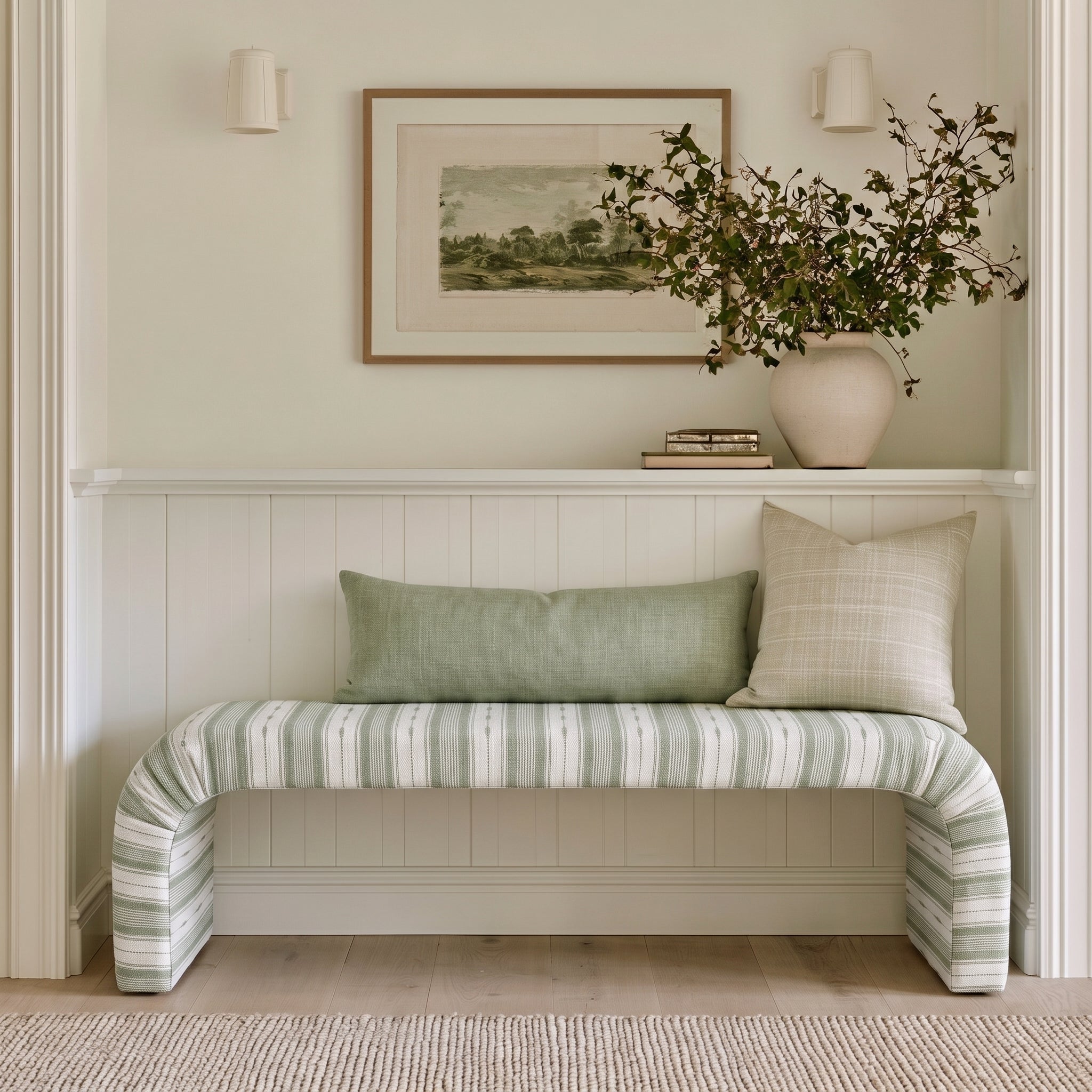 The Lewis Ottoman in Blue Dresses Lemongrass Stripes - Lemon Park