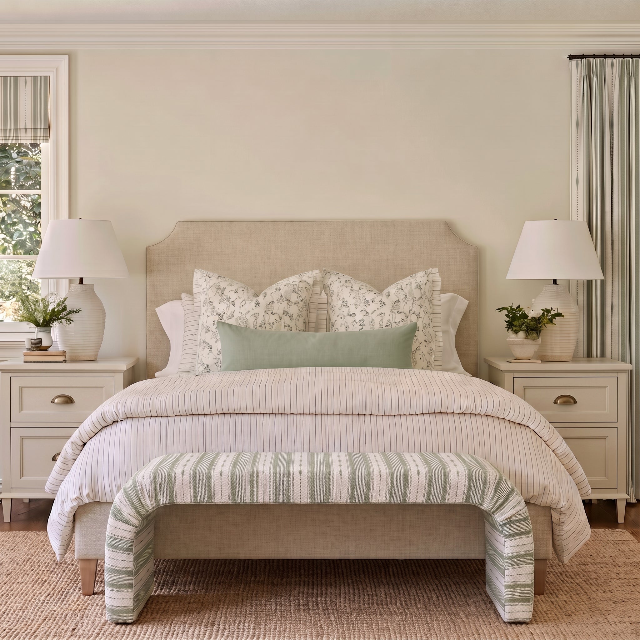 The Lewis Ottoman in Blue Dresses Lemongrass Stripes - Lemon Park