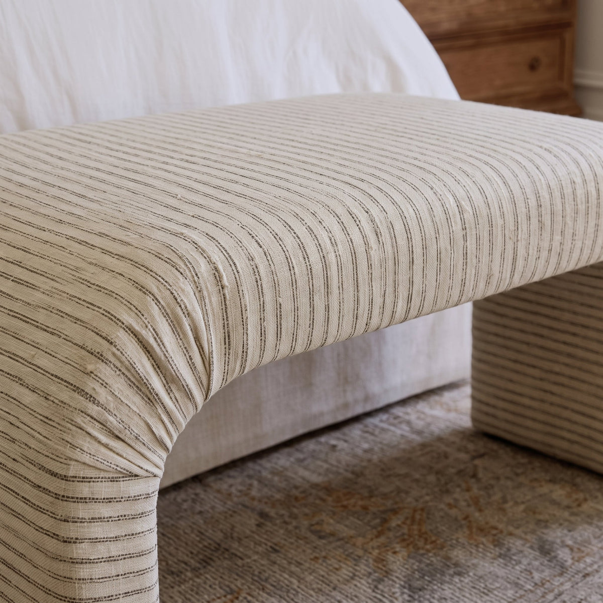 The Lewis Ottoman in Jude Pinstripe - Lemon Park