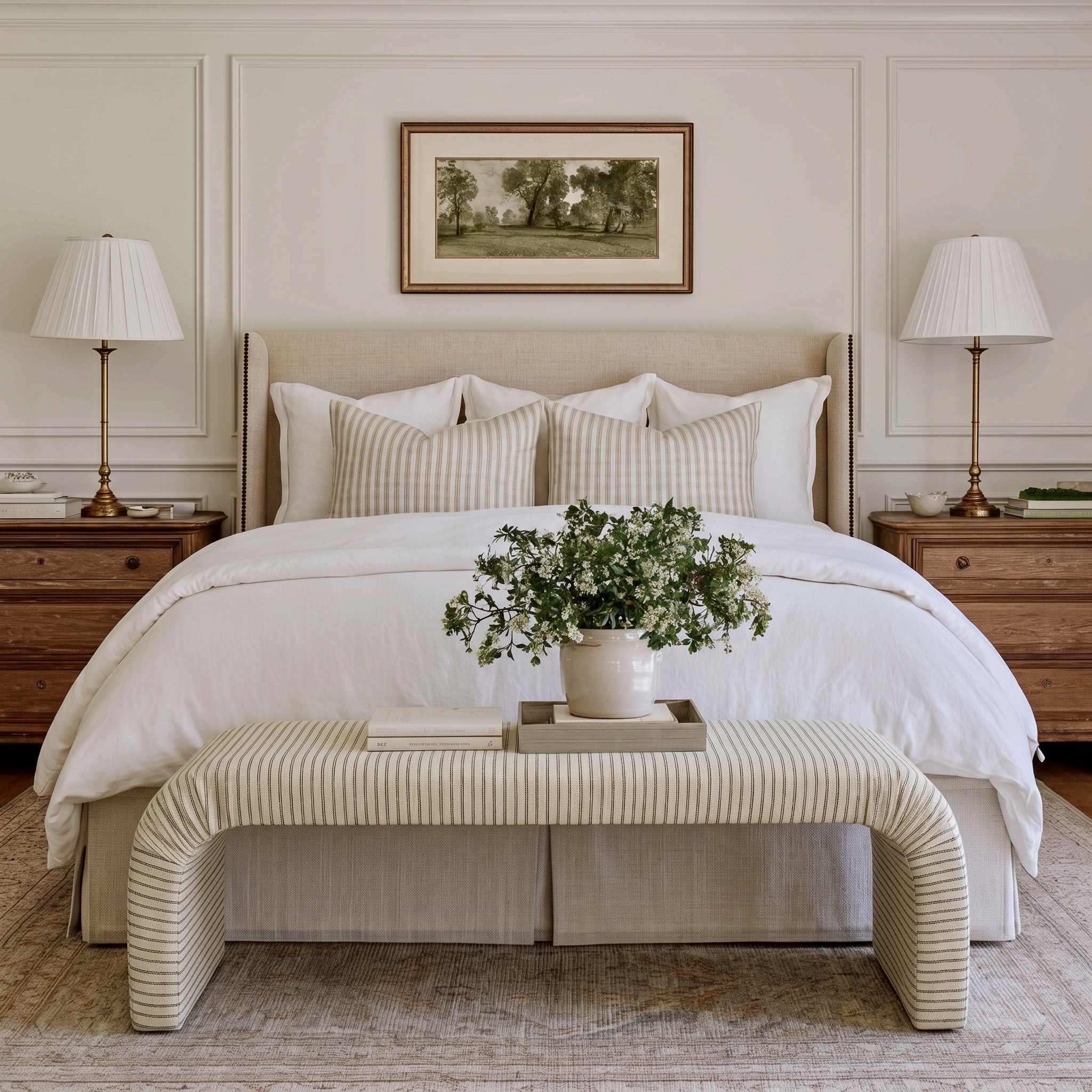 The Lewis Ottoman in Jude Pinstripe - Lemon Park