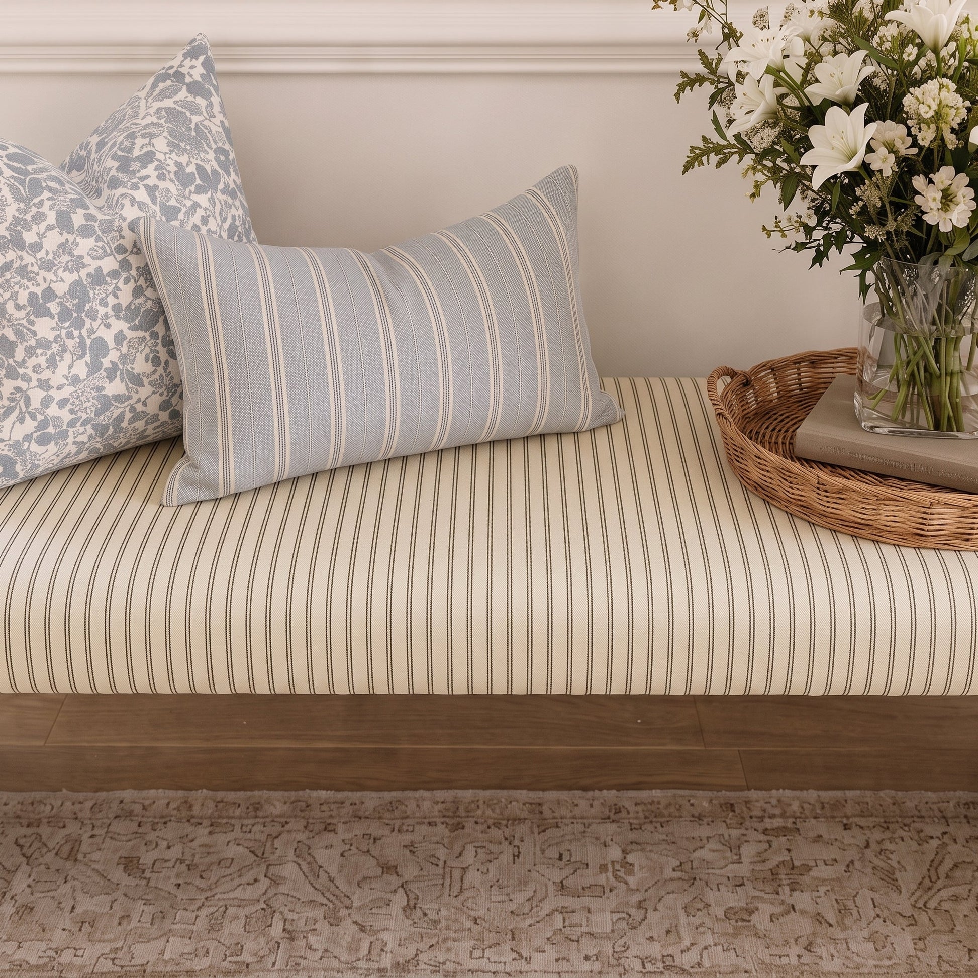 The Lewis Ottoman in Jude Pinstripe - Lemon Park