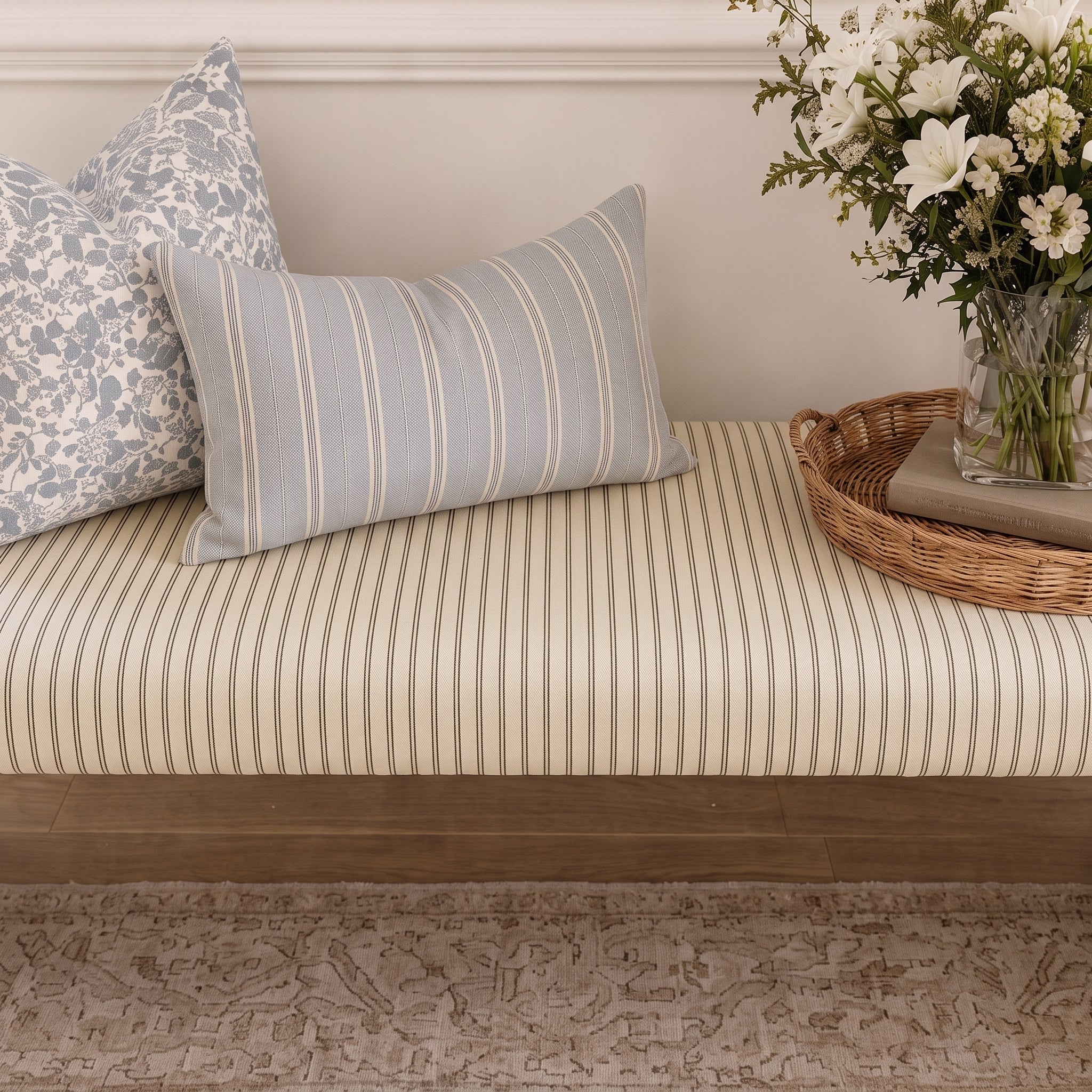 The Lewis Ottoman in Jude Pinstripe - Lemon Park