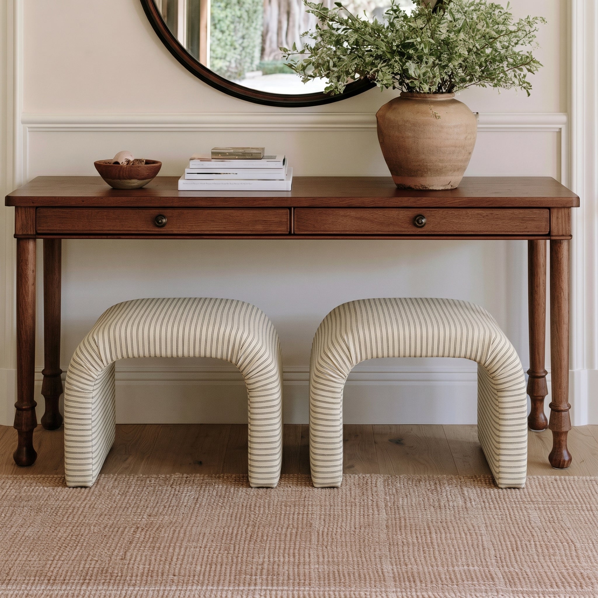 The Lewis Ottoman in Jude Pinstripe - Lemon Park