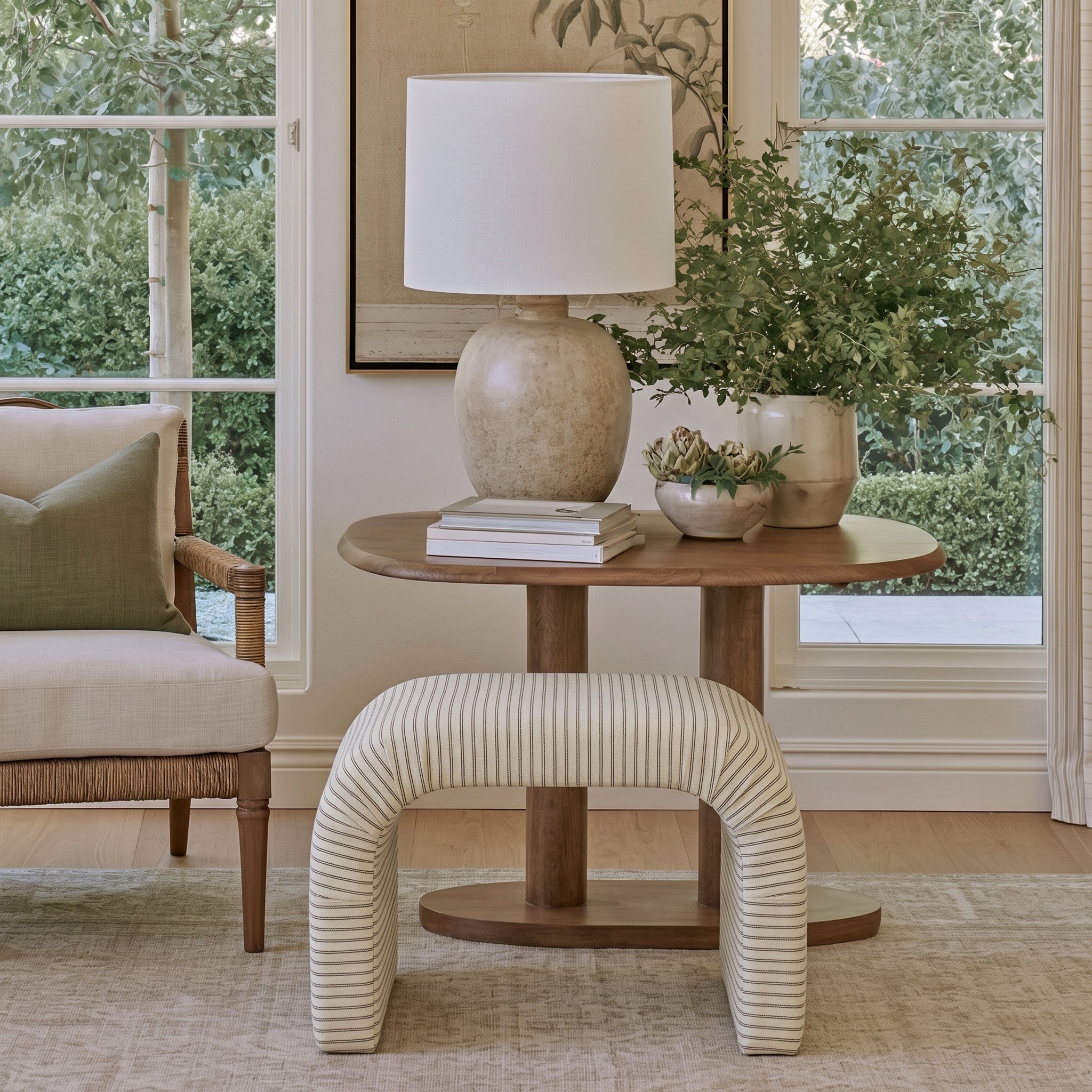 The Lewis Ottoman in Jude Pinstripe - Lemon Park