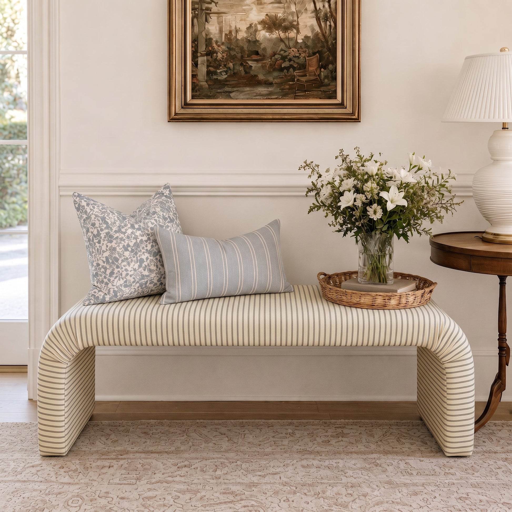 The Lewis Ottoman in Jude Pinstripe - Lemon Park