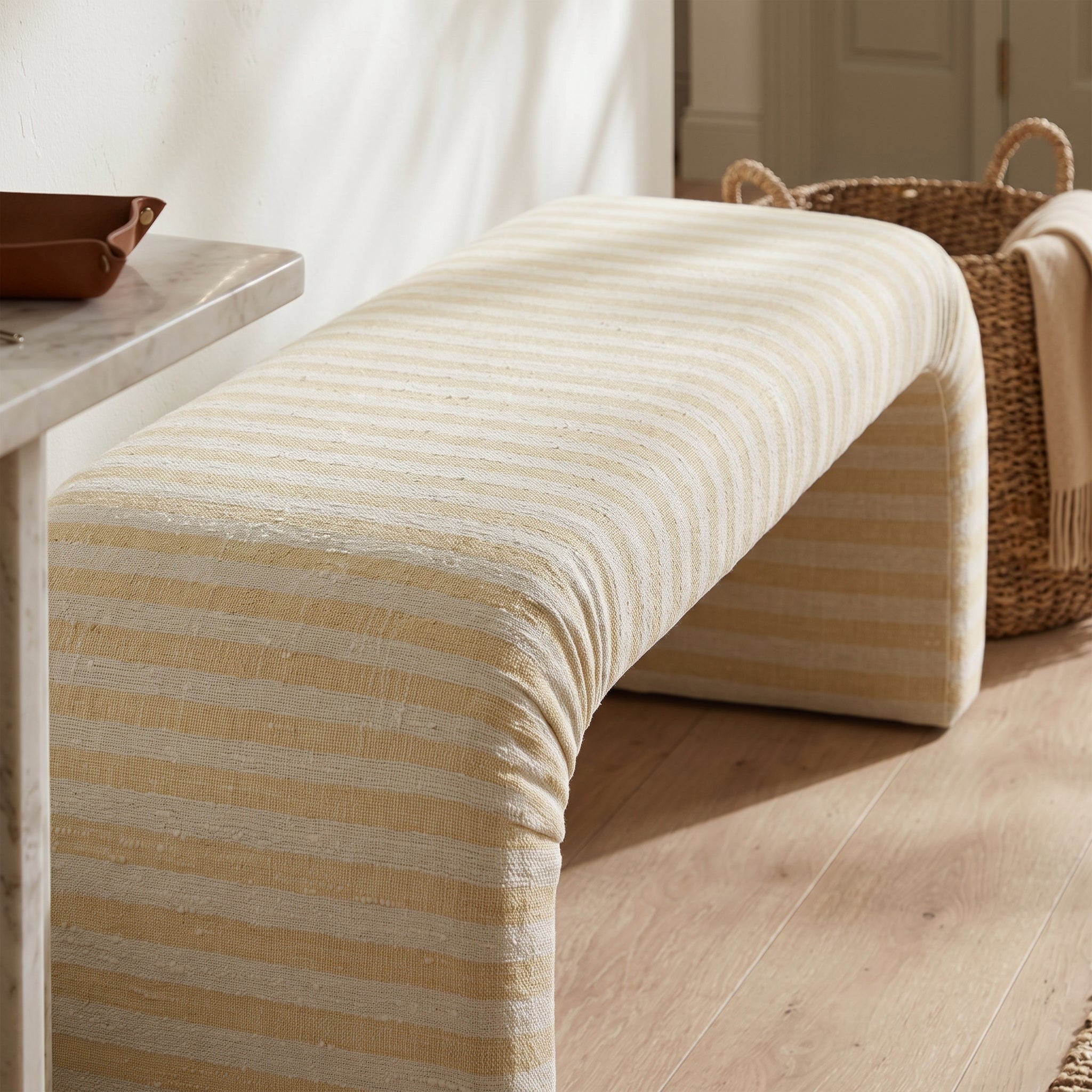 The Lewis Ottoman in Juliet's Garden Easter Yellow Stripe - Lemon Park