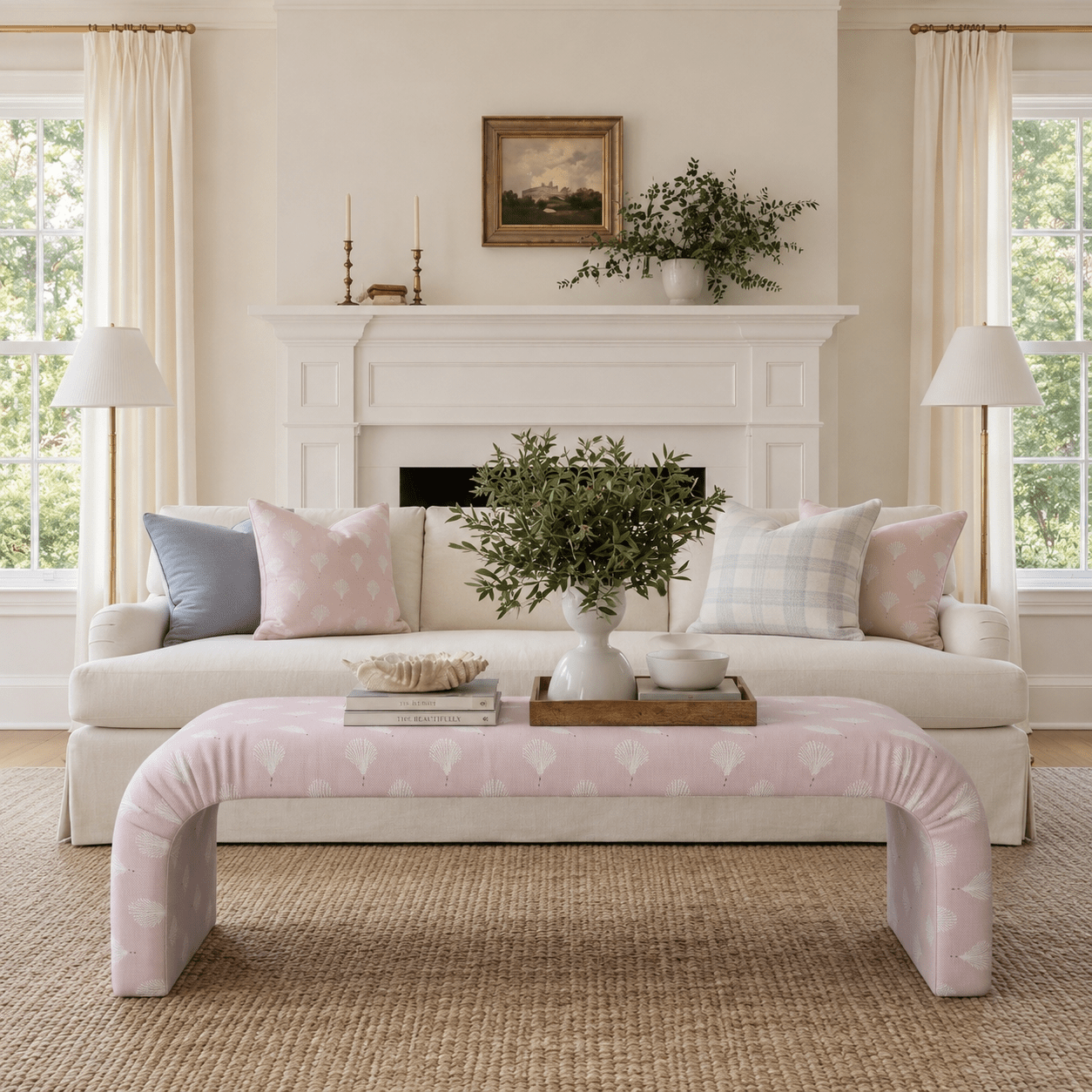 The Lewis Ottoman in Loose Stems Petaline Block Print - Lemon Park