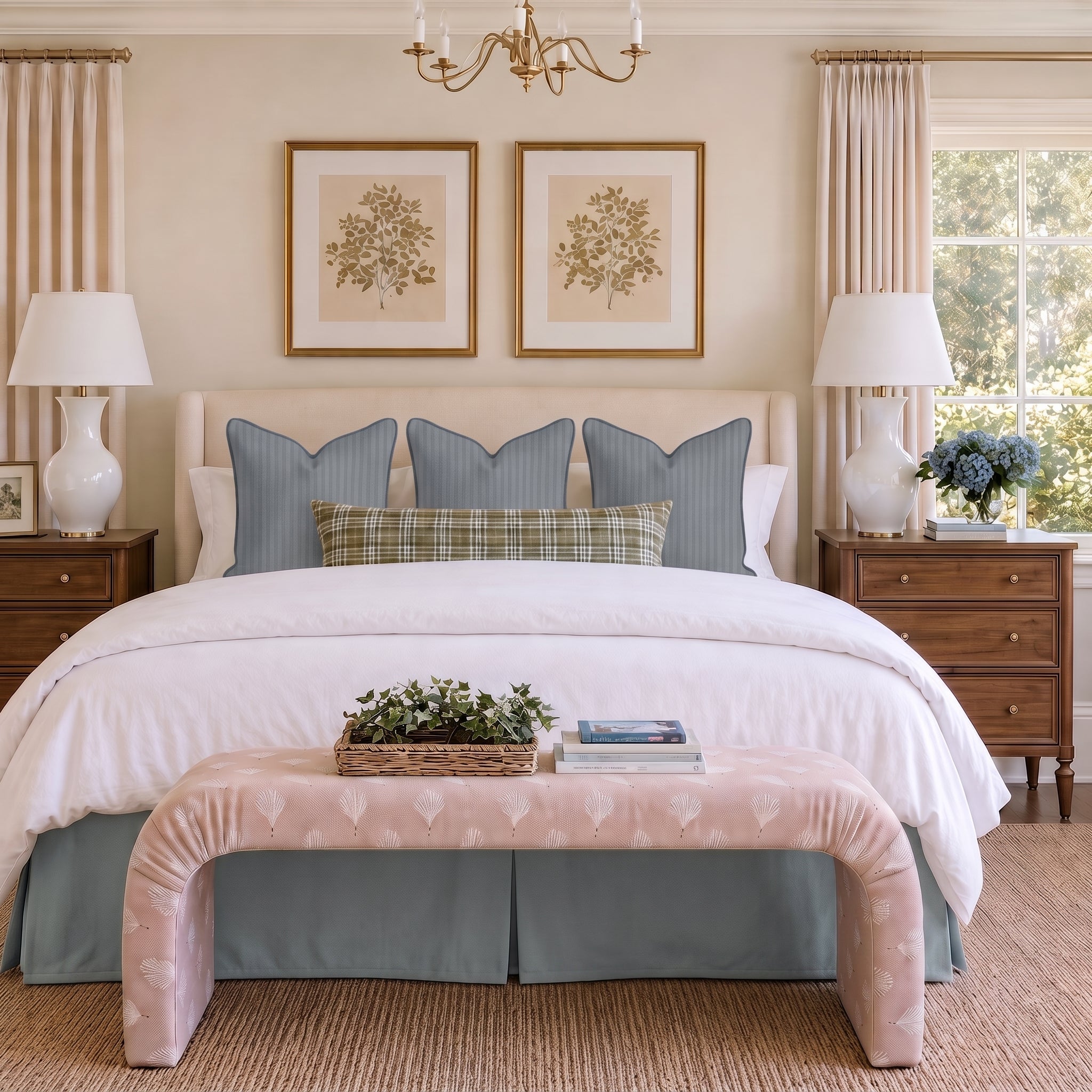 The Lewis Ottoman in Loose Stems Petaline Block Print - Lemon Park