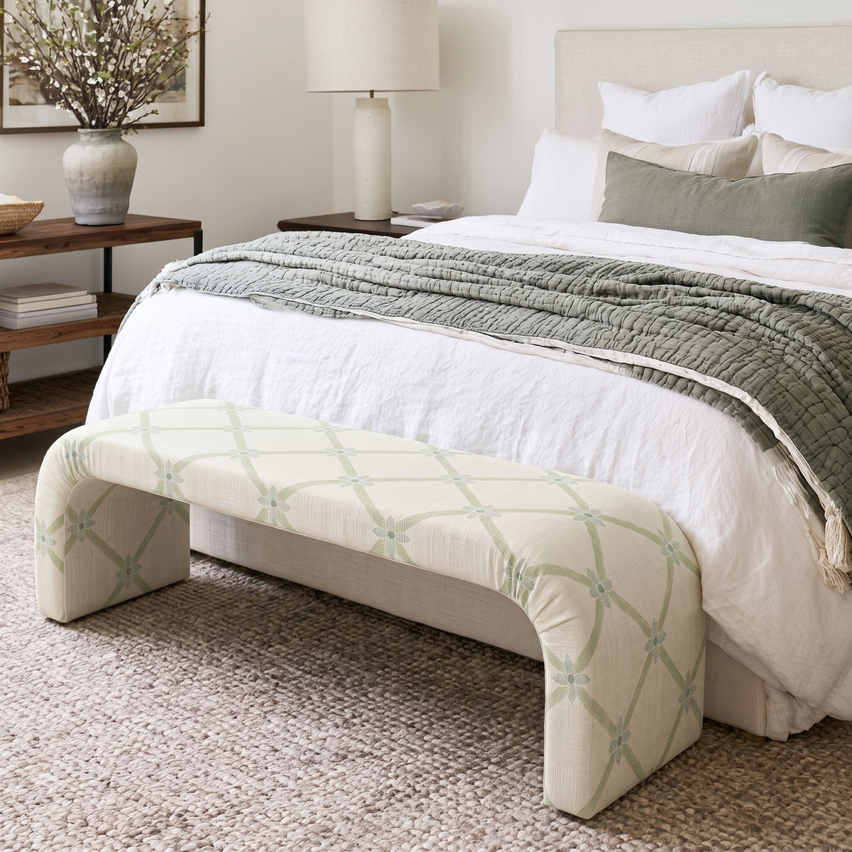 The Lewis Ottoman in Mint To Be Floral Lattice - Lemon Park