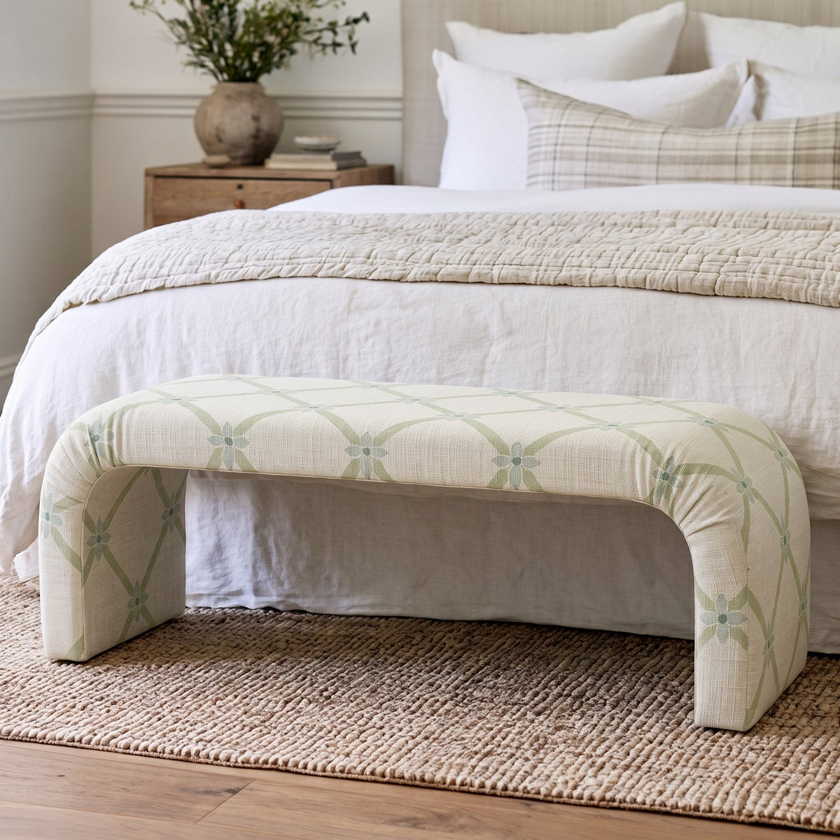 The Lewis Ottoman in Mint To Be Floral Lattice - Lemon Park