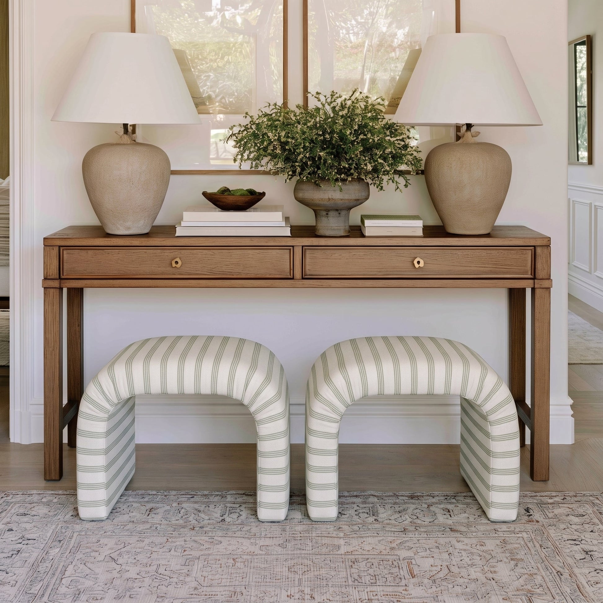 The Lewis Ottoman in Orange County Olive Stripes - Lemon Park