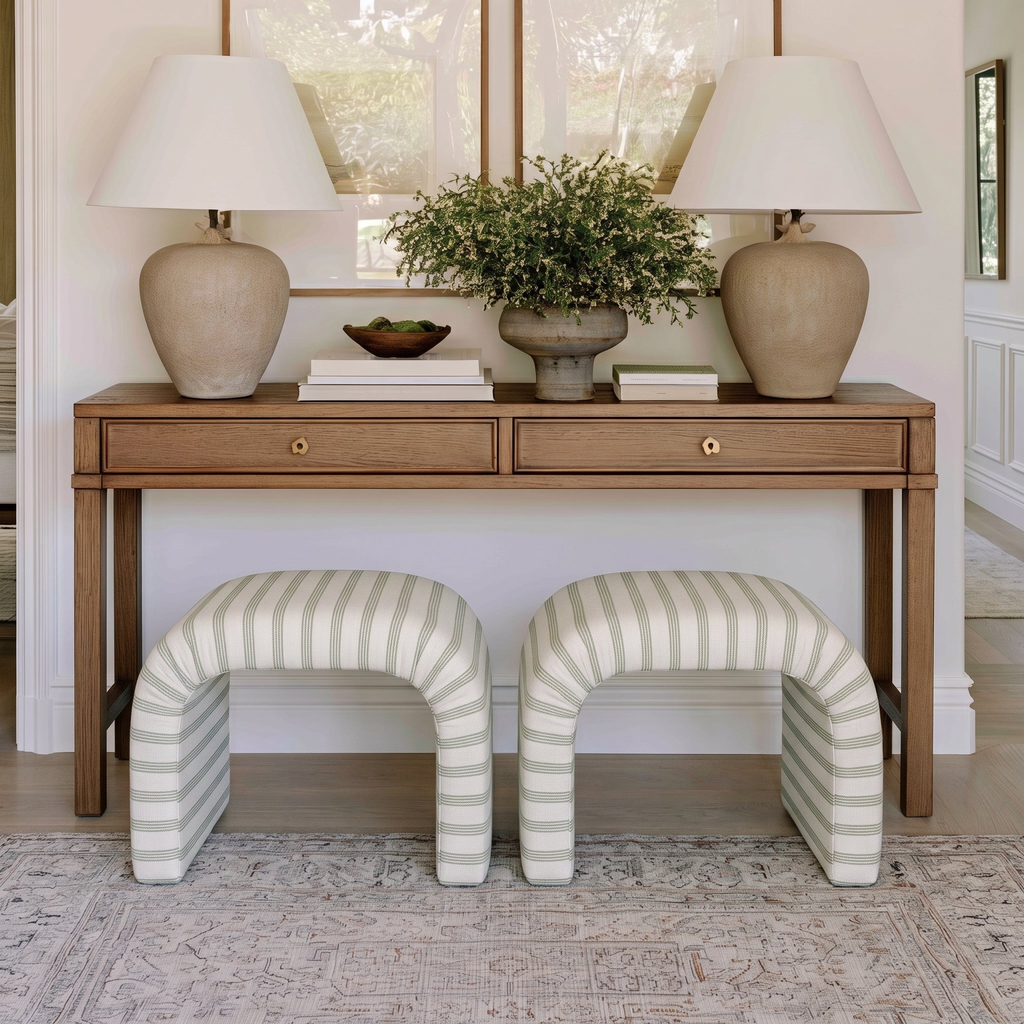 The Lewis Ottoman in Orange County Olive Stripes - Lemon Park