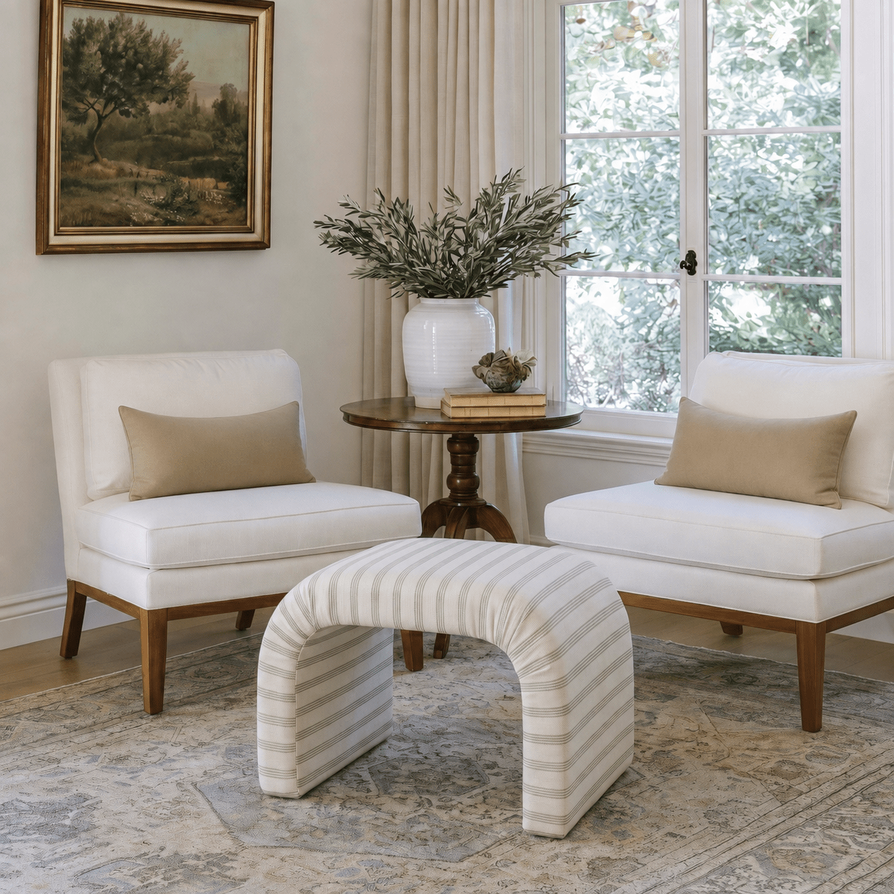 The Lewis Ottoman in Orange County Olive Stripes - Lemon Park