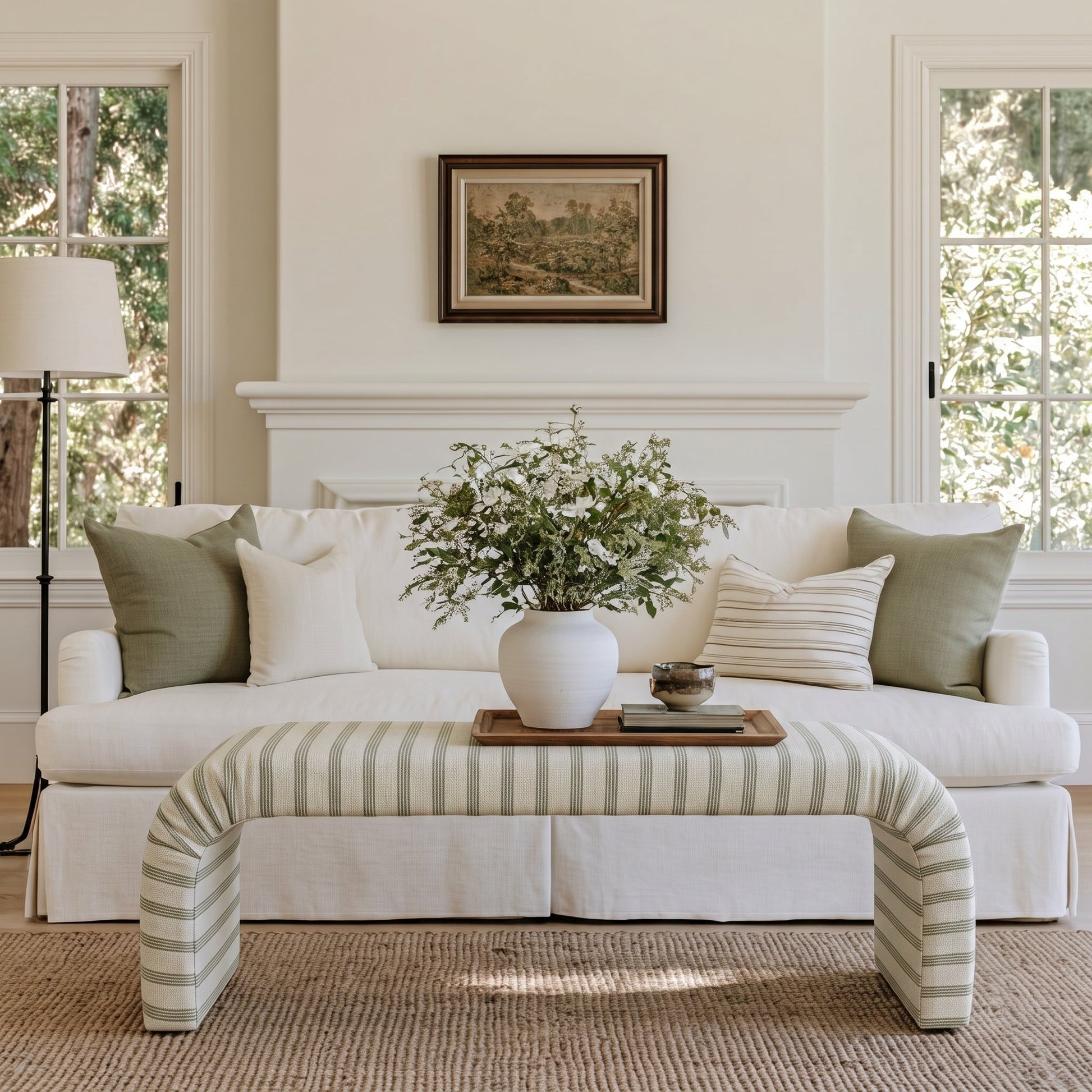 The Lewis Ottoman in Orange County Olive Stripes - Lemon Park