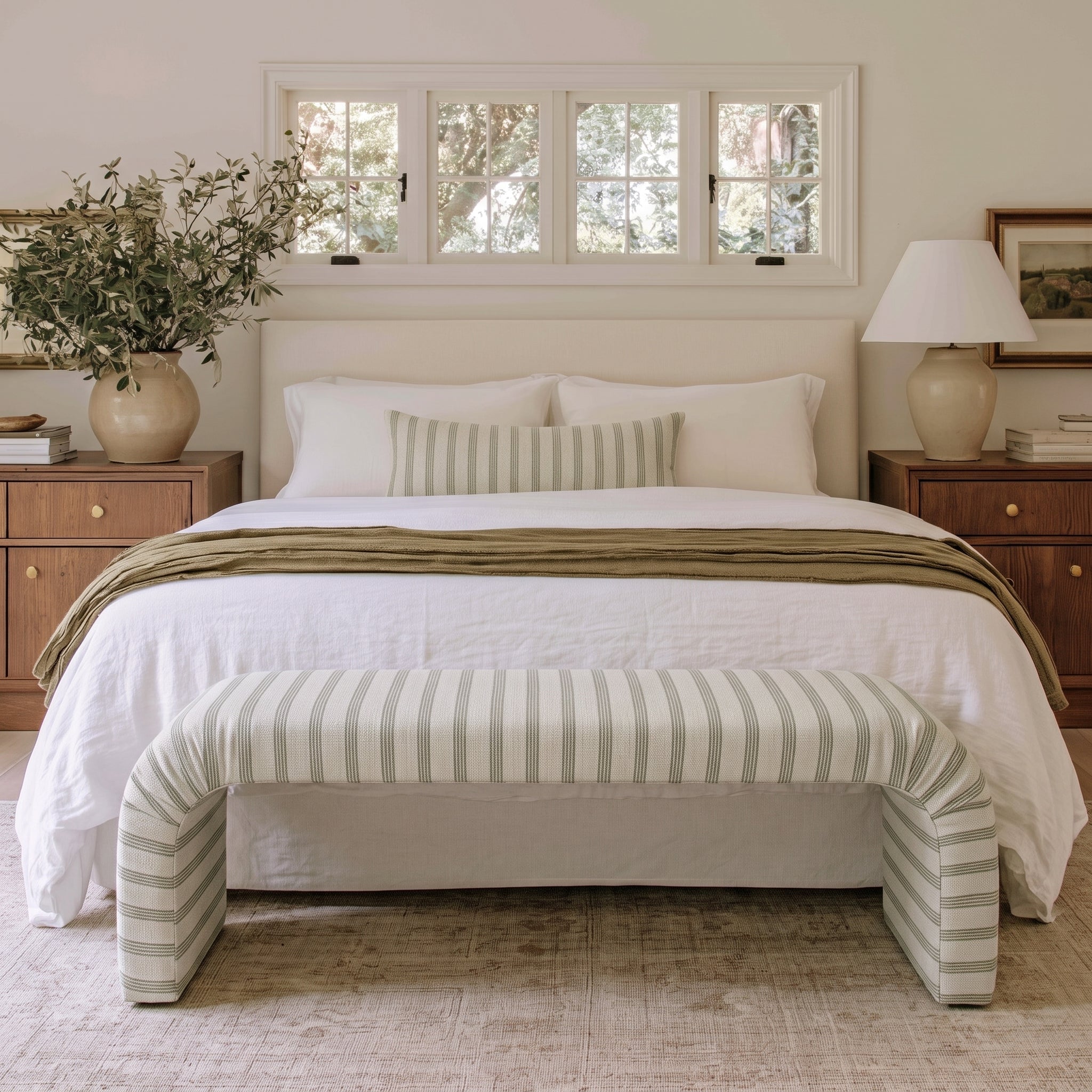 The Lewis Ottoman in Orange County Olive Stripes - Lemon Park