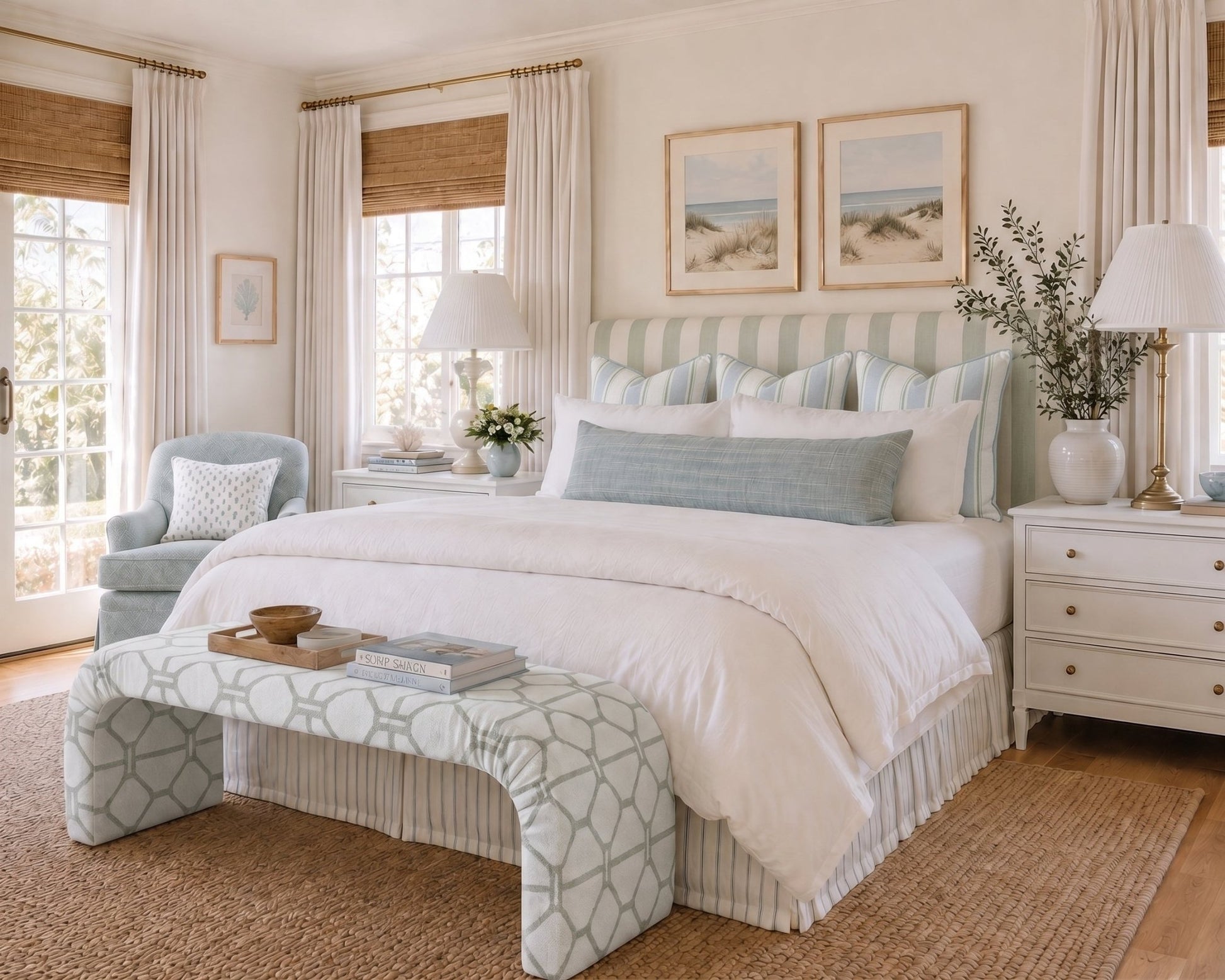 The Lewis Ottoman in Palm Promenade Cool Mint Bamboo Trellis - Lemon Park