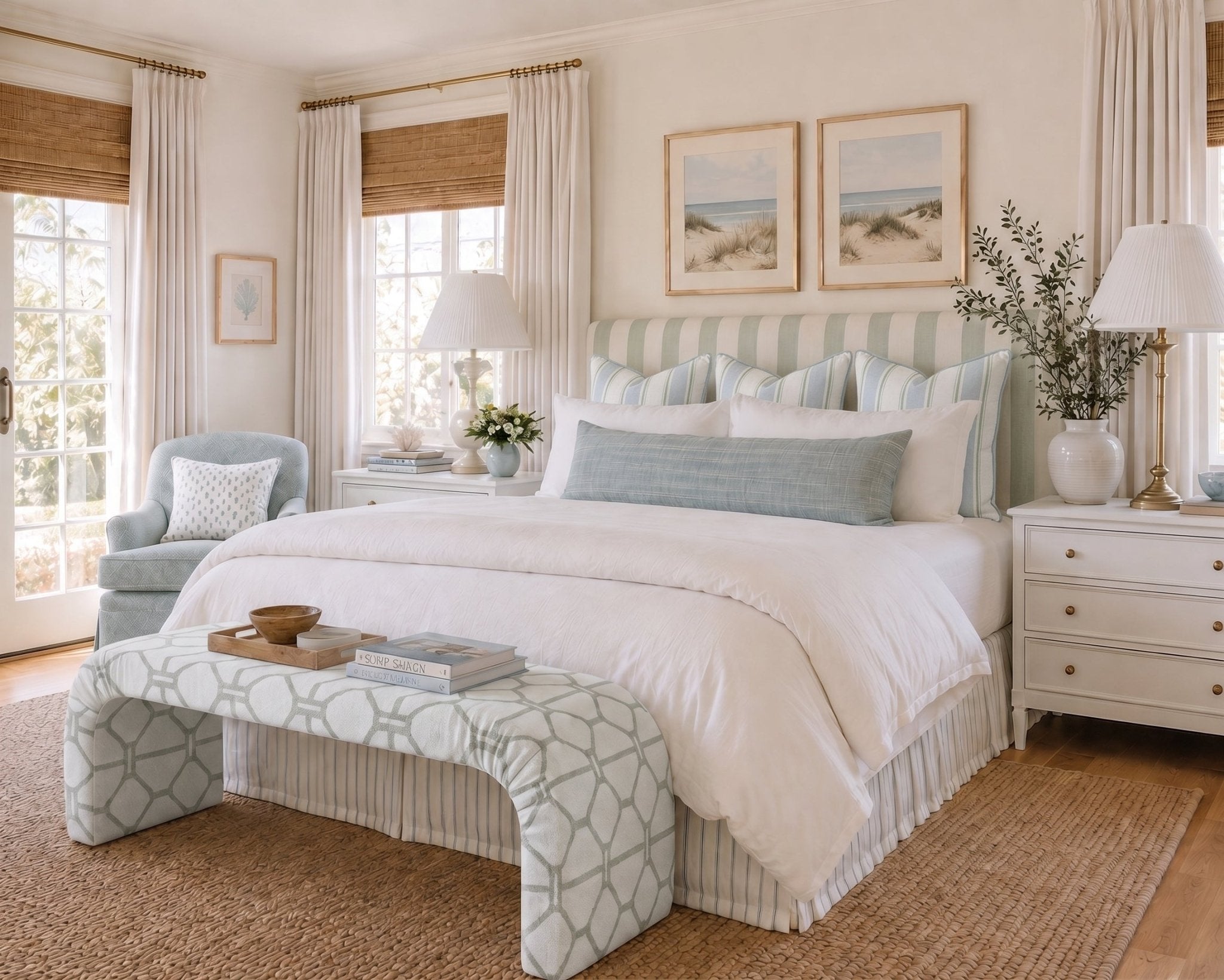 The Lewis Ottoman in Palm Promenade Cool Mint Bamboo Trellis - Lemon Park
