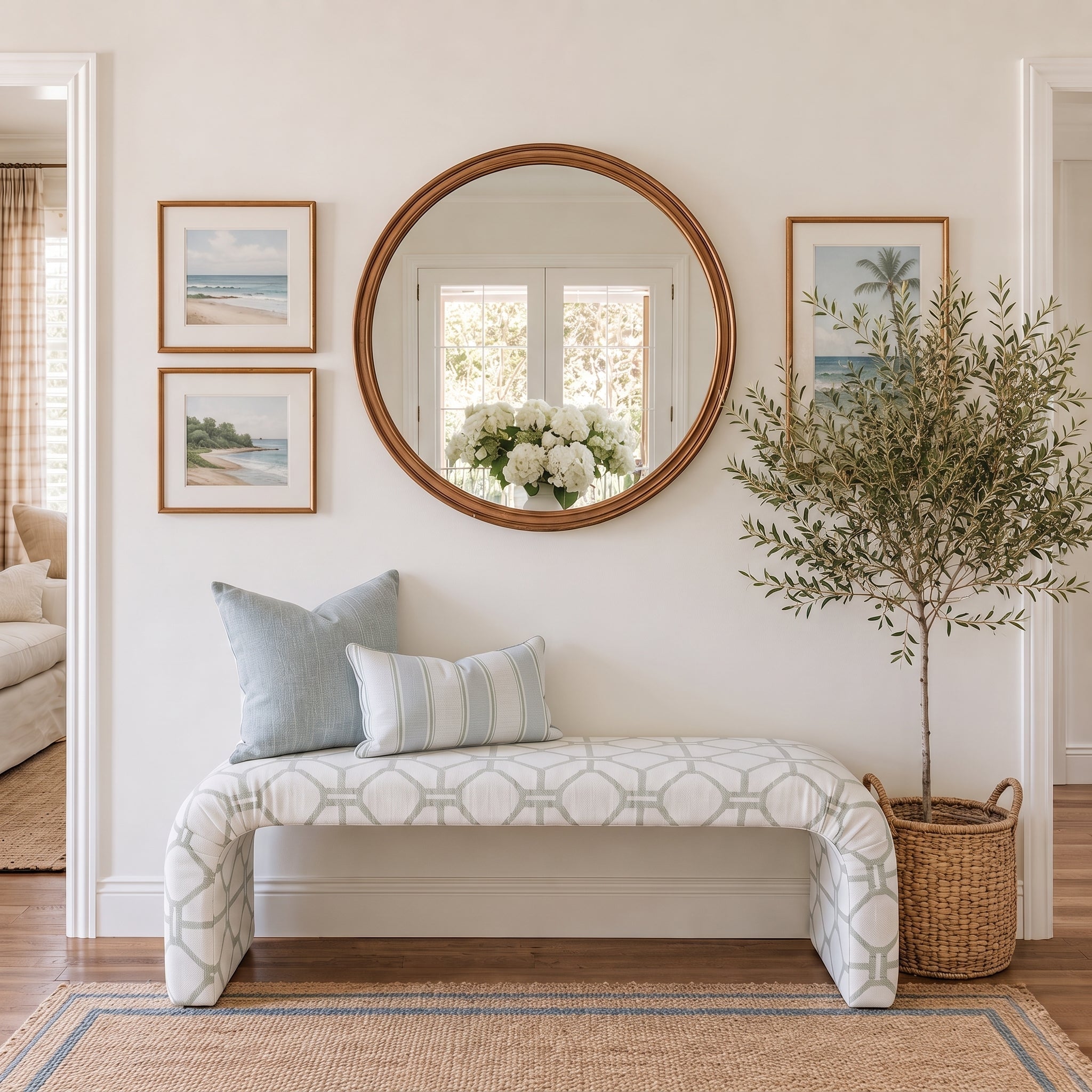 The Lewis Ottoman in Palm Promenade Cool Mint Bamboo Trellis - Lemon Park