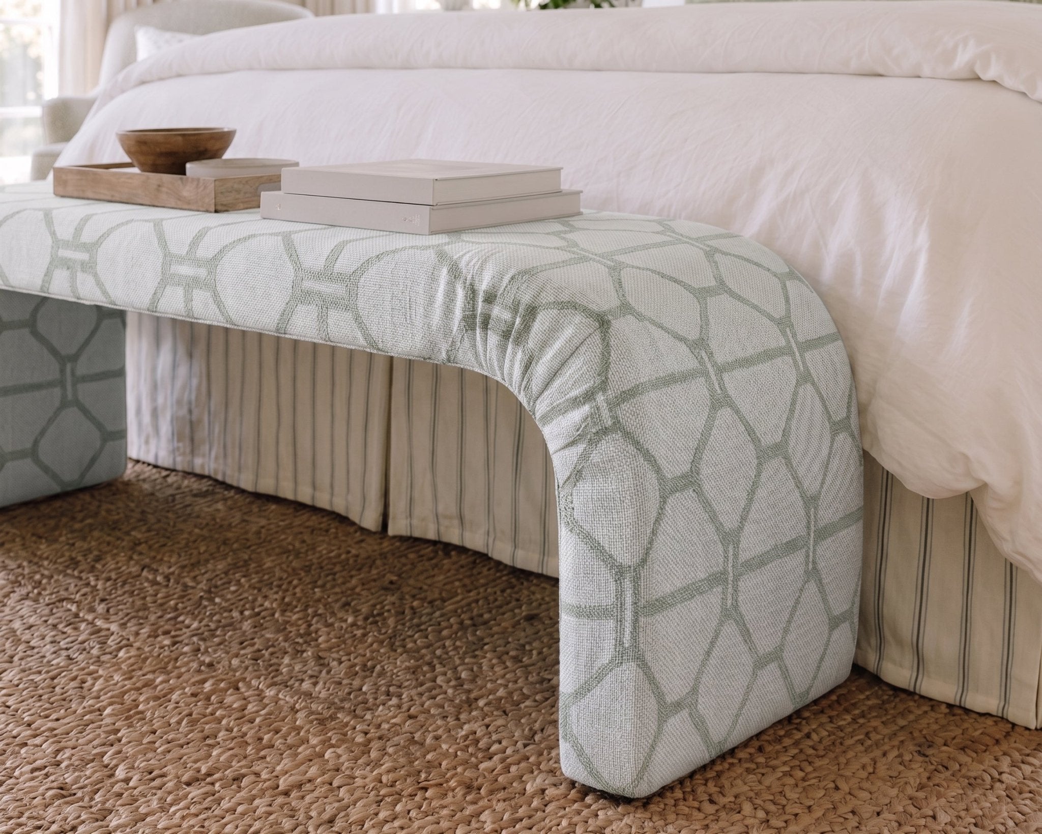 The Lewis Ottoman in Palm Promenade Cool Mint Bamboo Trellis - Lemon Park